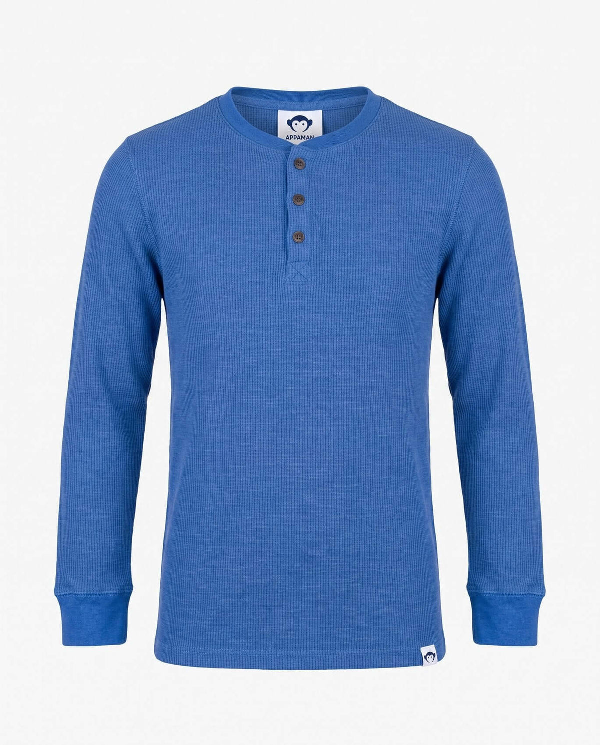 Classic Blue Craftsman Thermal Henley featuring a cozy waffle-knit design and button placket for active kids.