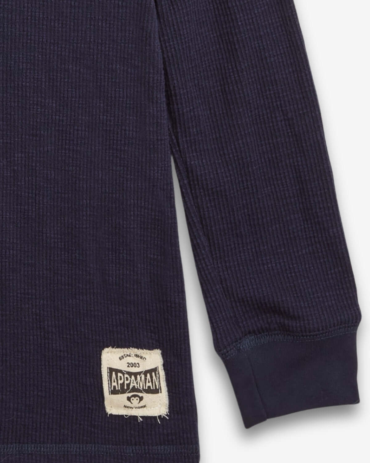 Navy Blue Craftsman Thermal Henley with Appaman label and textured fabric.