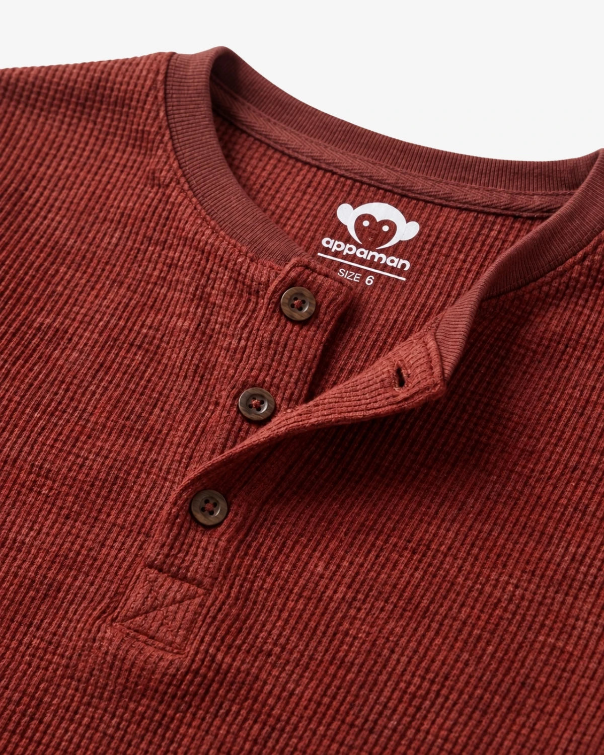 Appaman boys' waffle thermal henley rust collar, close-up detail view.