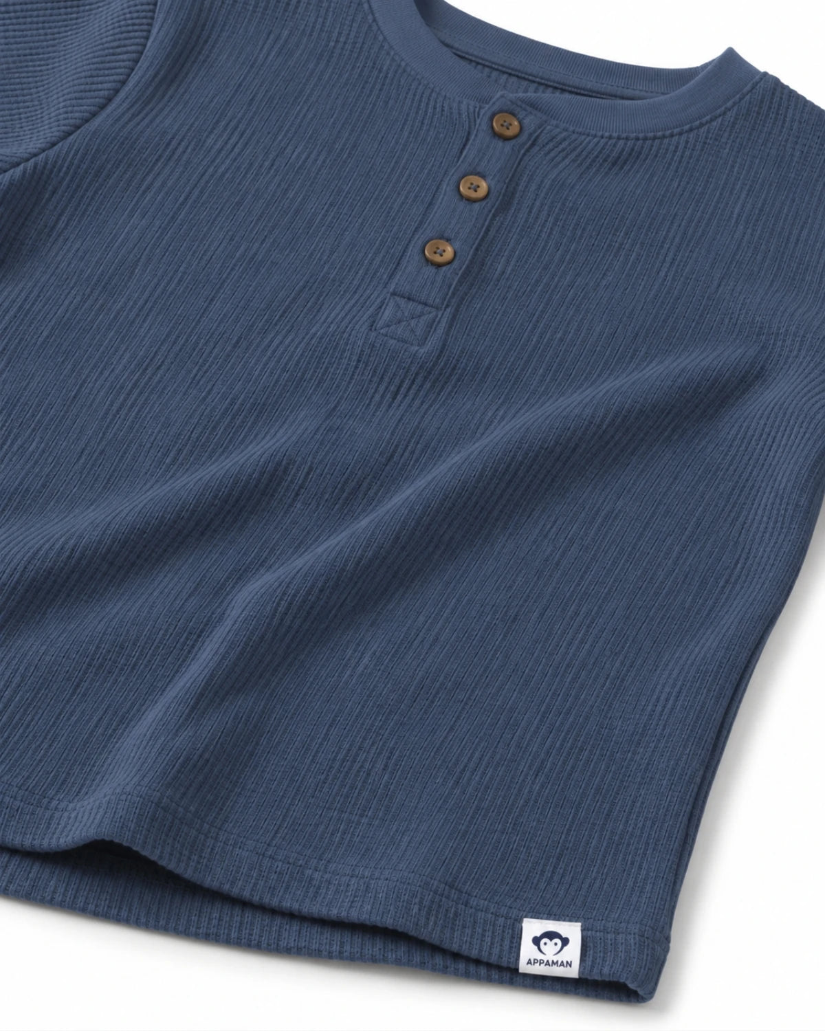 Appaman boys' waffle thermal henley navy collar, close-up detail view.