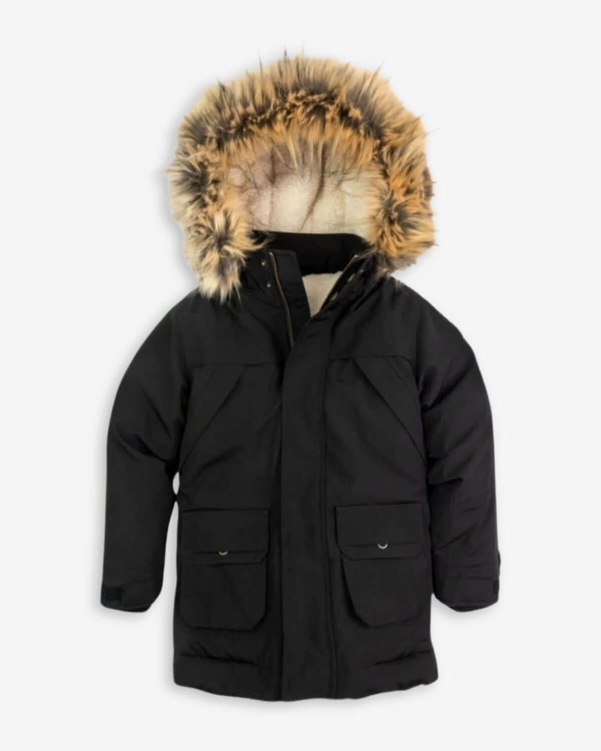 Black Denali Down Coat featuring a fur-lined hood and front pockets, perfect for winter wear.