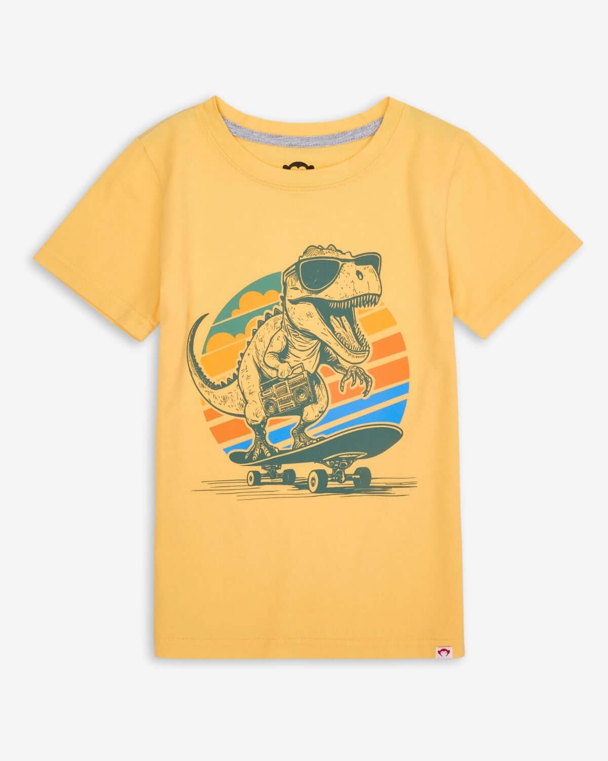 Dino Rock Graphic Tee featuring a cool dinosaur skateboarding design on a yellow background.