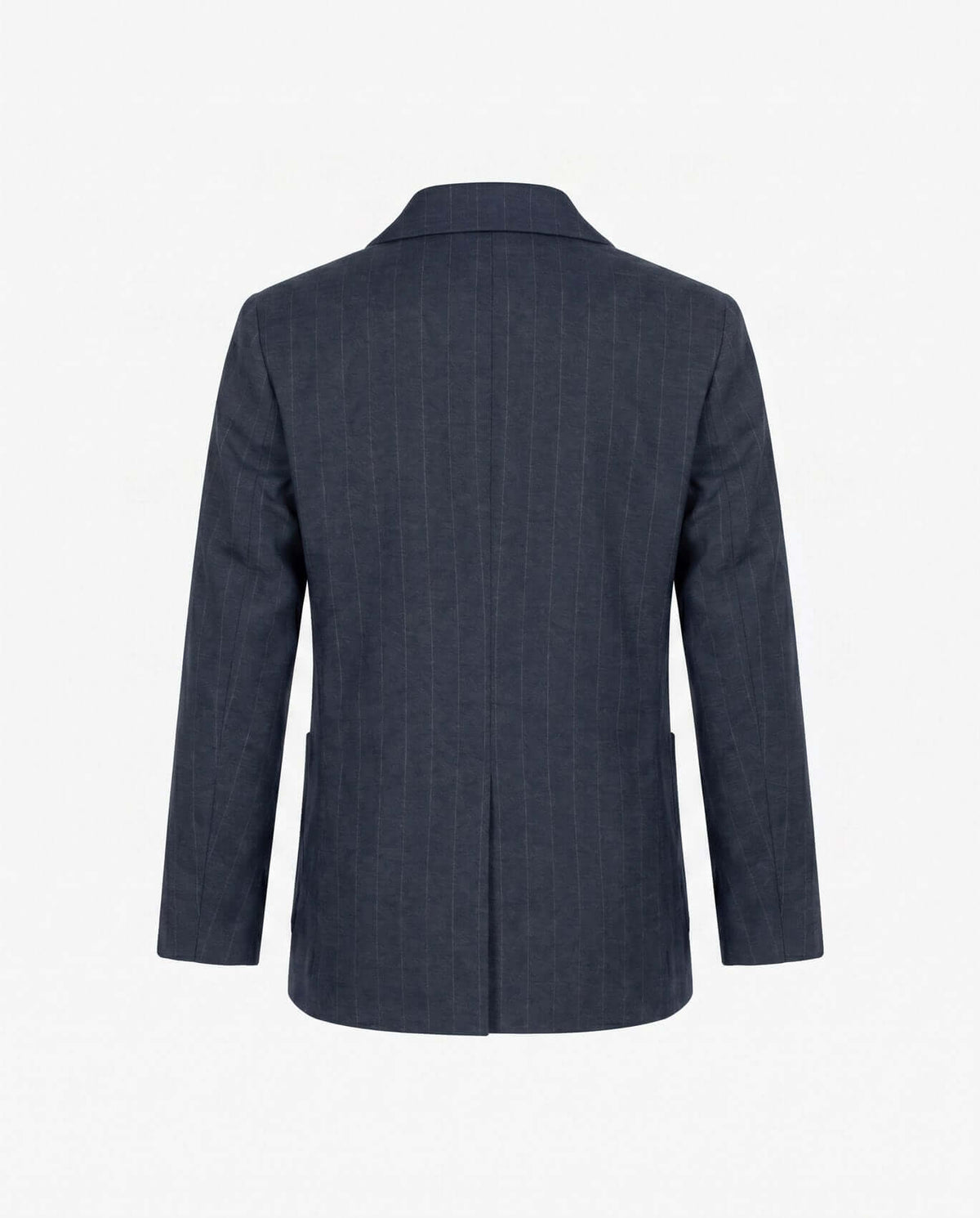 Back view of the Navy Pinstripe Double Breasted Jacket, showcasing its tailored design and structured fit.