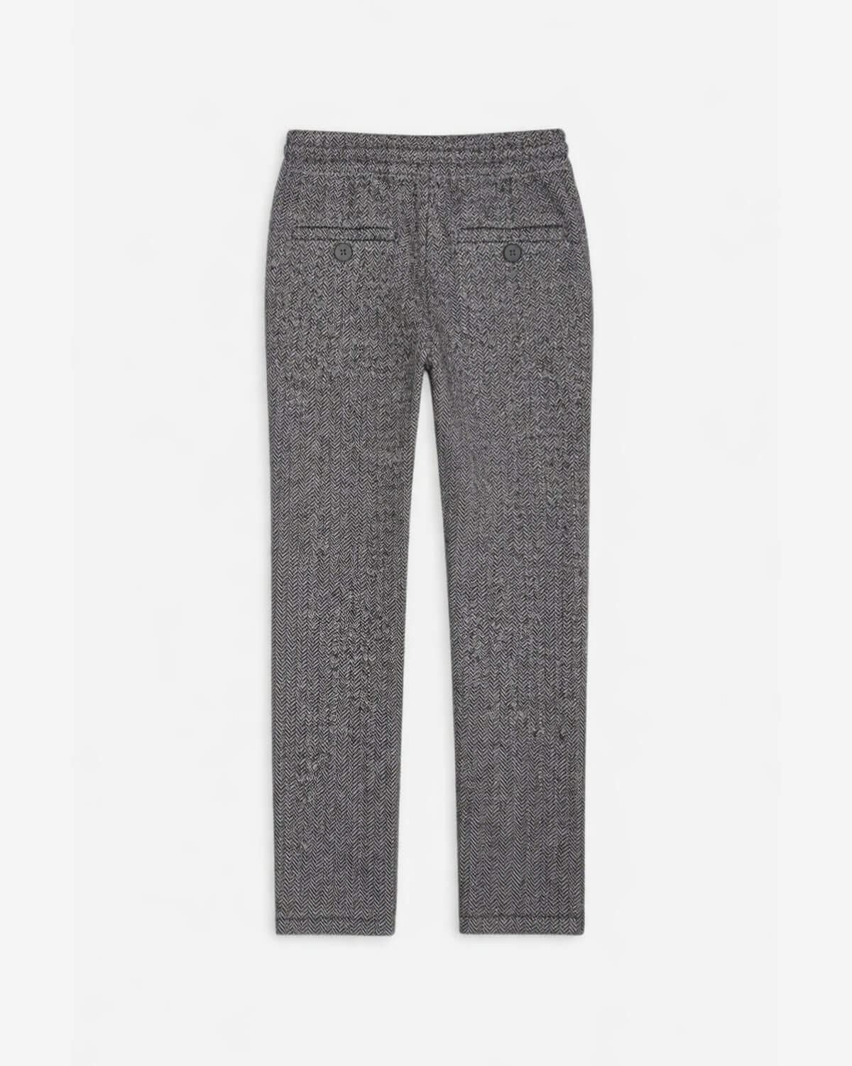 Back view of Charcoal Herringbone Everyday Stretch Pants showing functional pockets and straight-leg design.