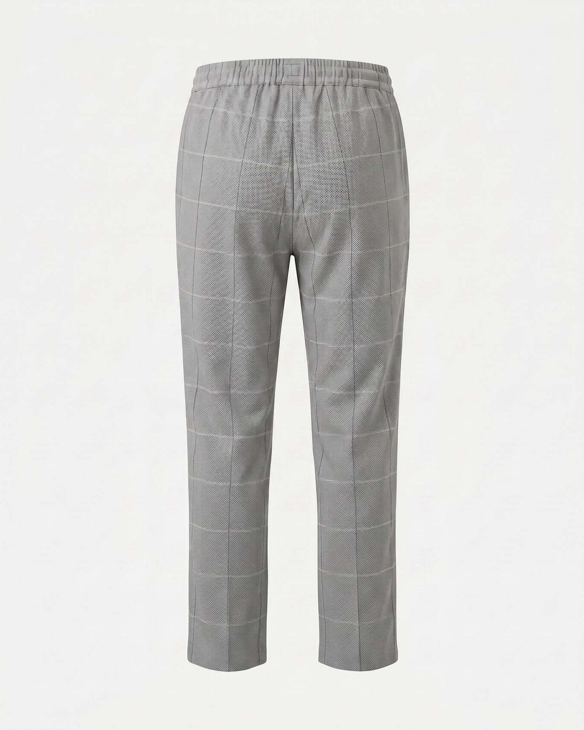 Earth Grey Windowpane Everyday Stretch Pants back view showcasing slim cut and comfortable elastic waistband.