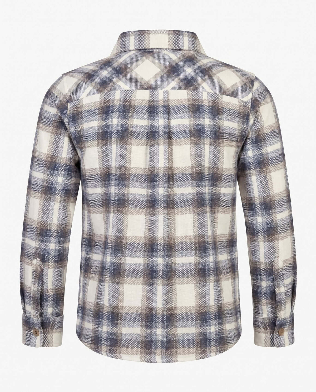 Back view of the Off White Plaid Flannel Shirt featuring a classic plaid pattern, suitable for active kids.