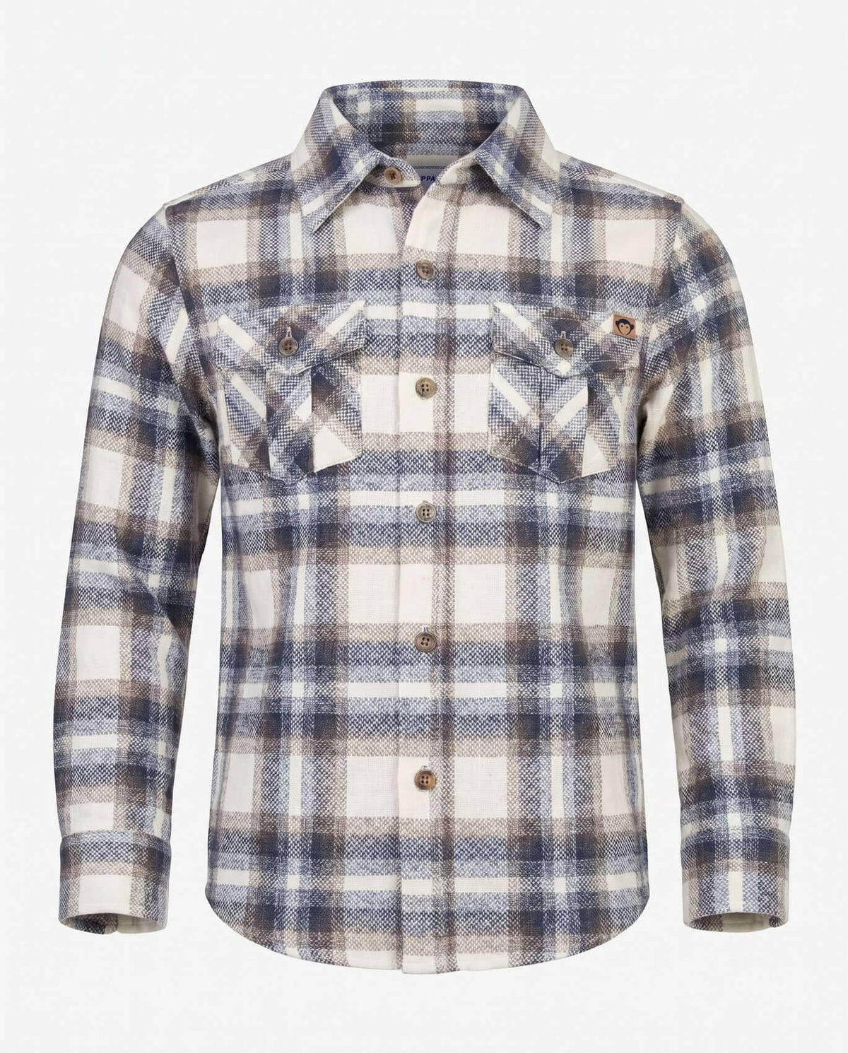 Off White Plaid Flannel Shirt featuring button front and chest pockets for active boys' comfort.