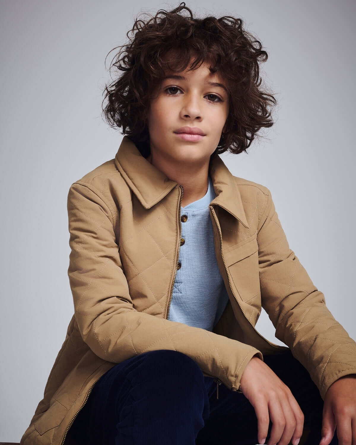 Khaki Flight Jacket worn by a child, featuring quilted material and a classic collar for stylish outdoor adventures.