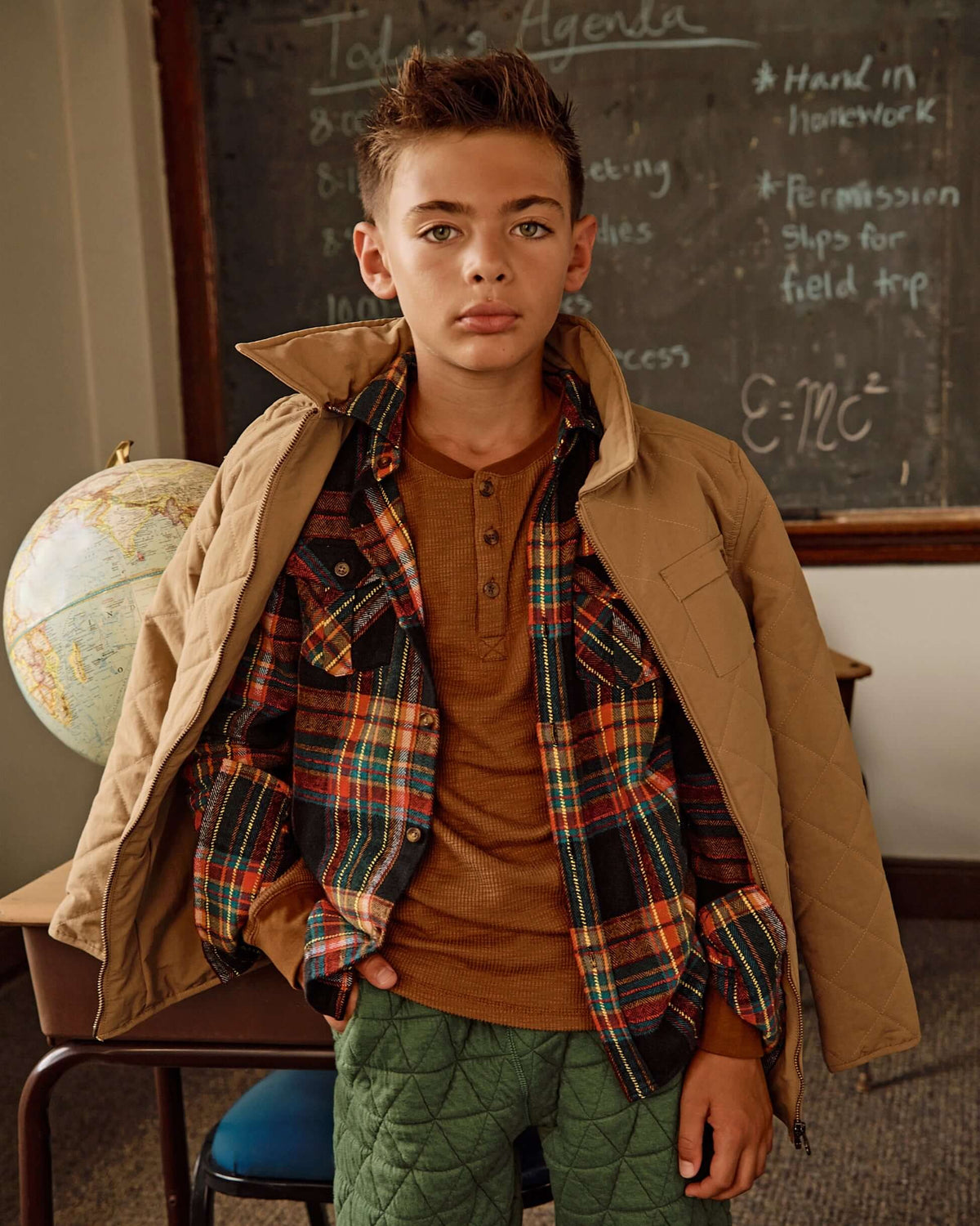 Boy wearing a Khaki Flight Jacket layered over a plaid shirt, showcasing a stylish, cozy look for kids.