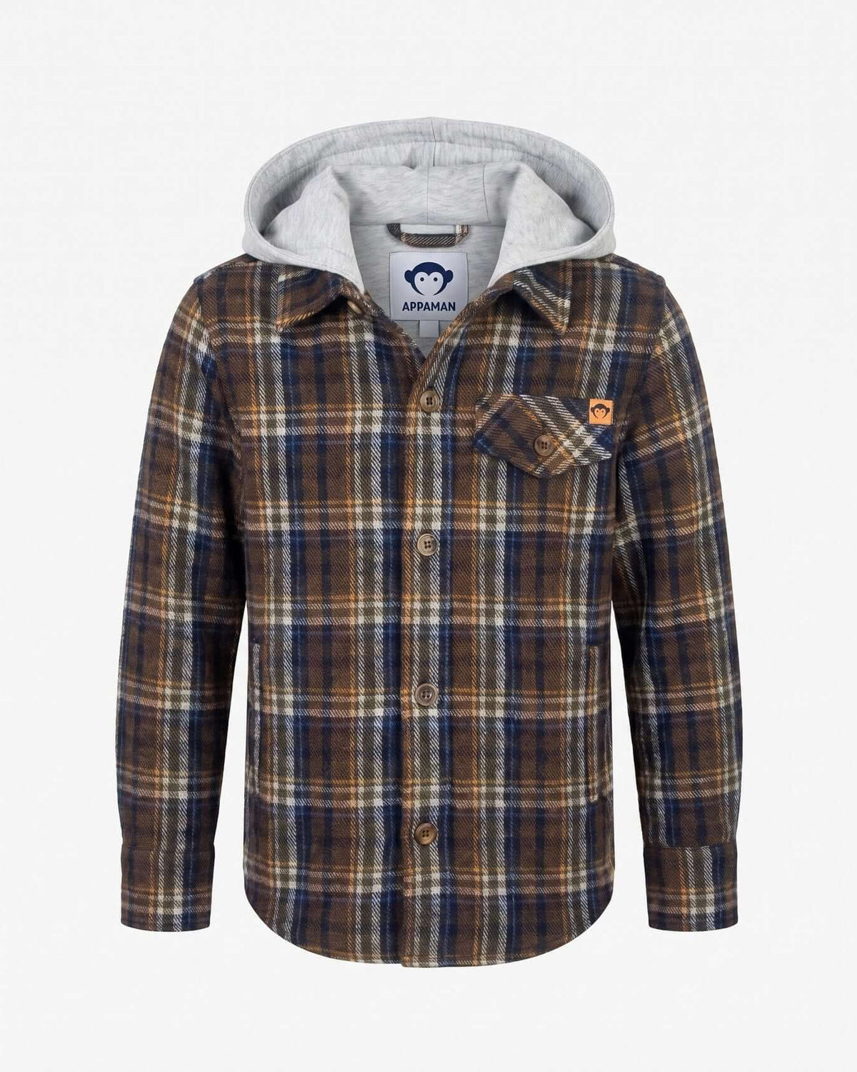 Earth Plaid Glen Hooded Shirt by Appaman in earthy plaid tones with cozy flannel and attached hood for boys.