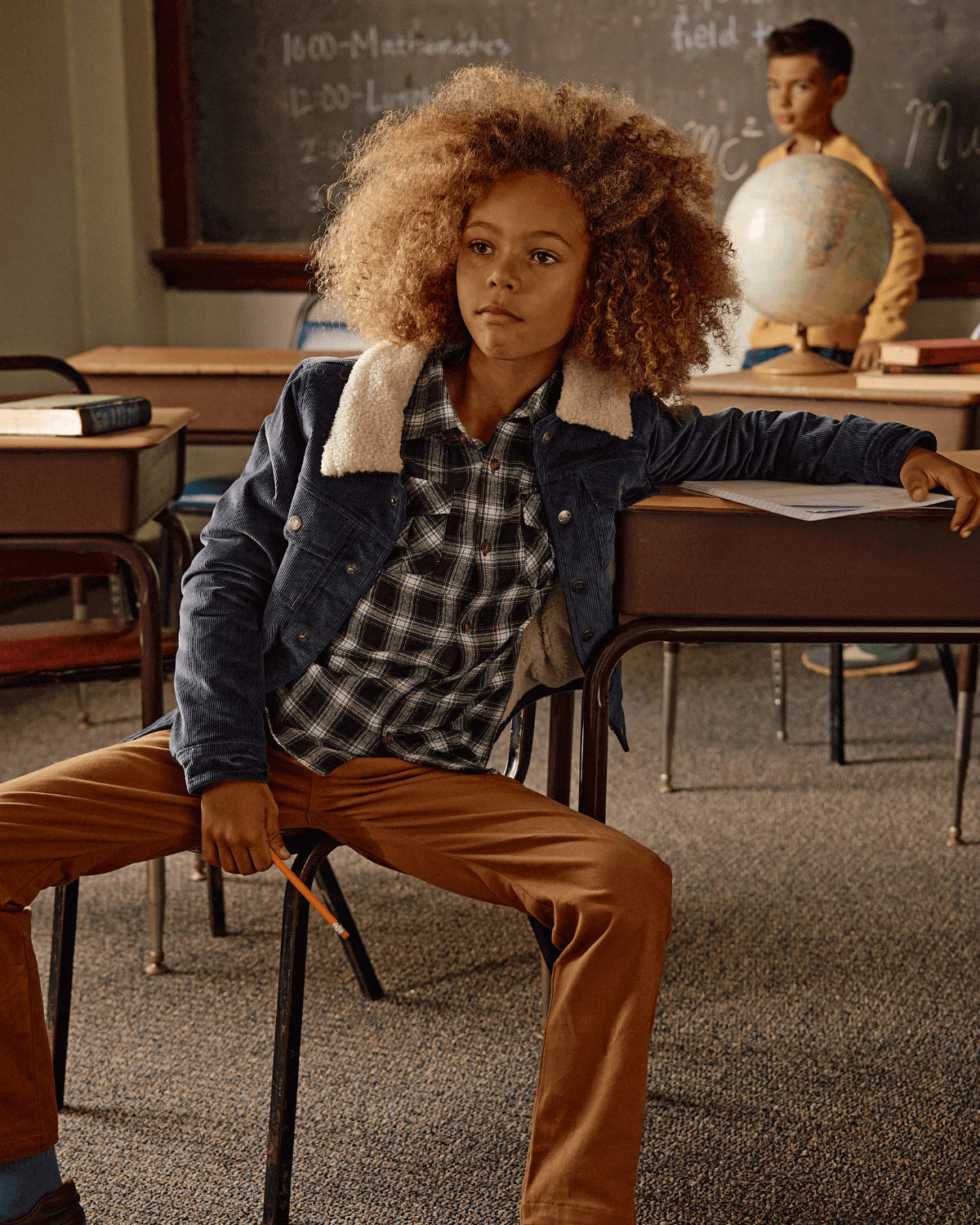 British Khaki Commuter Twill Pants worn by a child in a classroom setting, showcasing style and comfort.