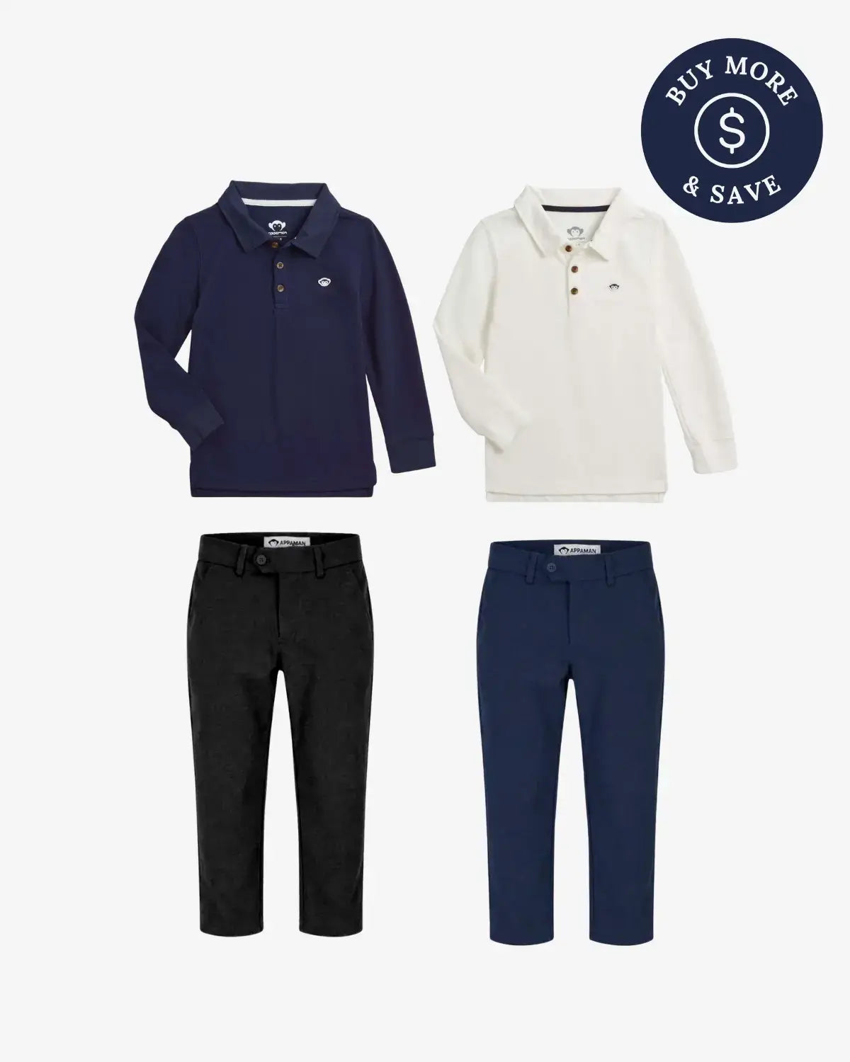 Four children's clothing items arranged in a 2x2 grid on a light gray background: a navy long-sleeve polo, an off-white long-sleeve polo, black trousers, and navy trousers. A dark blue circular badge in the top right reads 'BUY MORE & SAVE' with a size S icon.