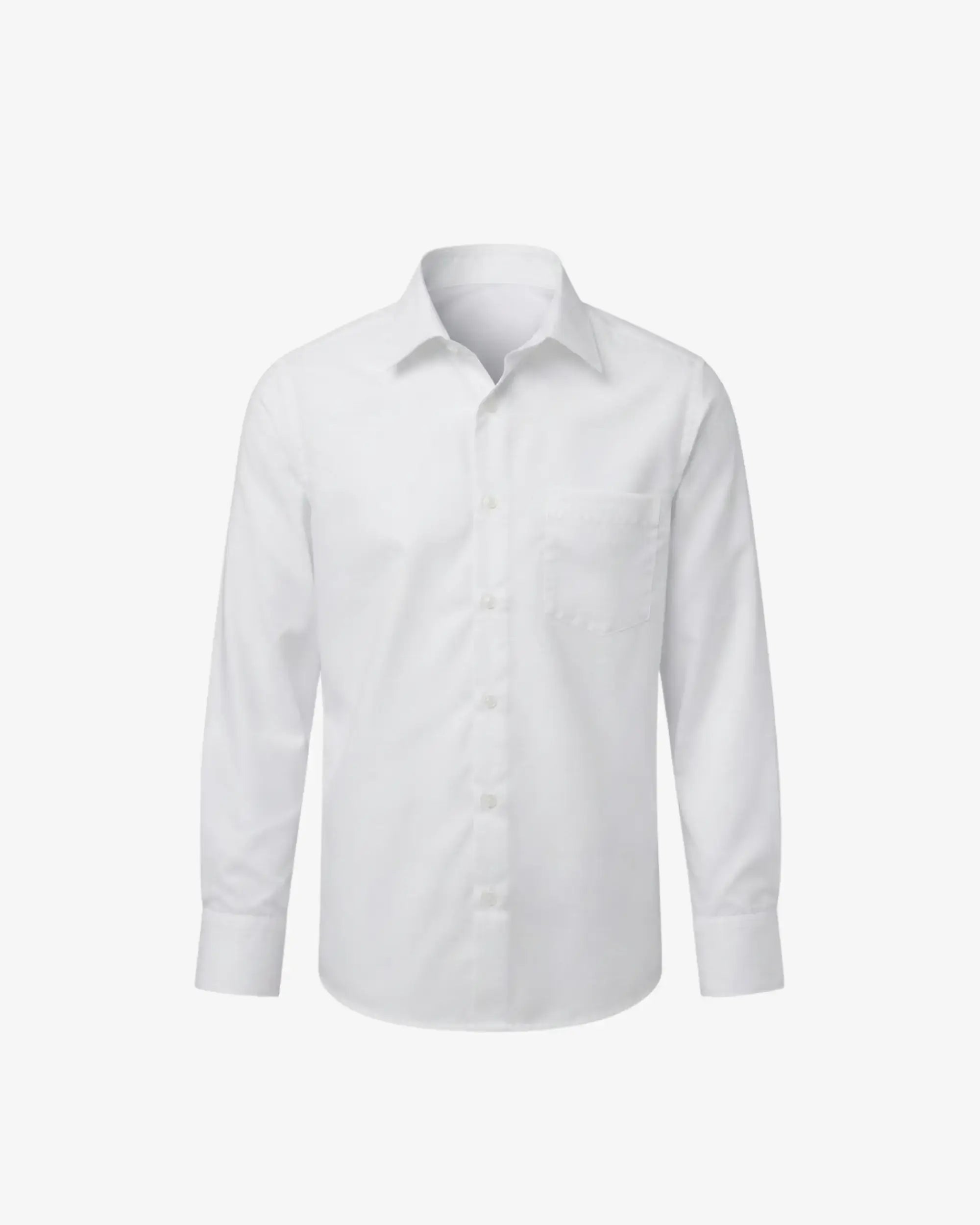 A white long-sleeve button-down shirt with a classic collar and a single chest pocket, displayed on a clean, light gray background.