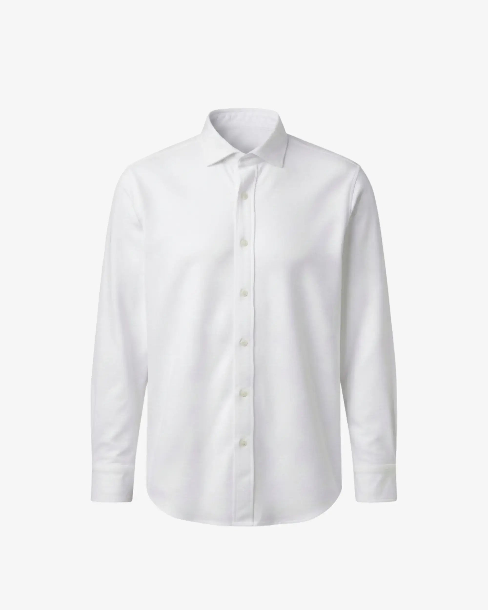 A white long-sleeve button-down dress shirt with a classic collar, displayed on a clean, light gray background.