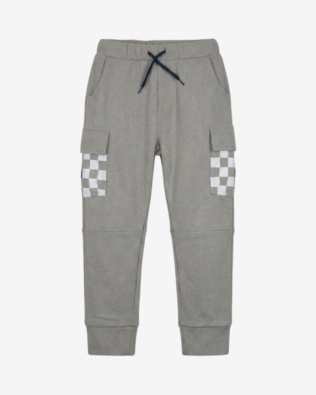 Gray jogger pants with checkered patches on a white background
