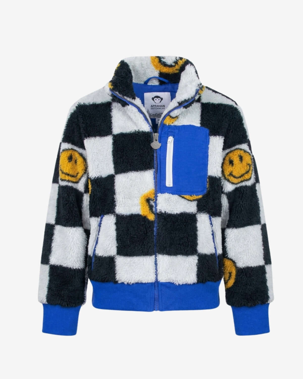 Checkered jacket with smiley face patterns on a white background