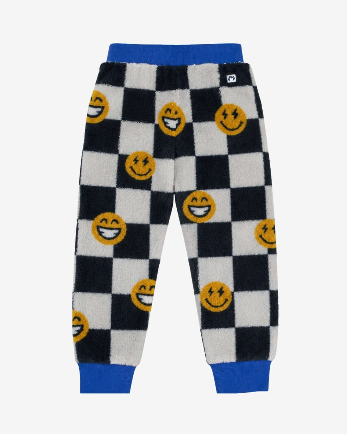 Checkered pants with smiley face design on a white background