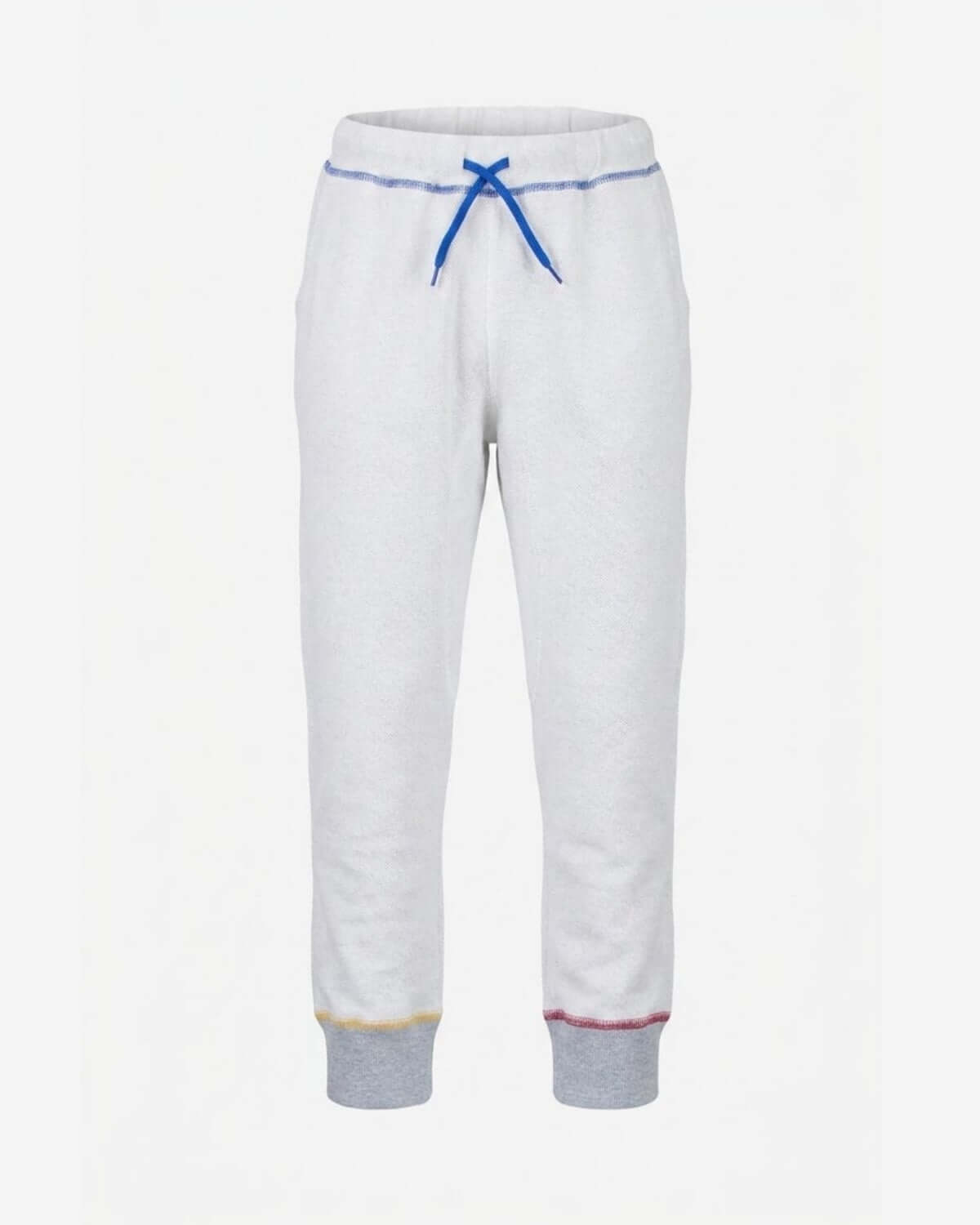 White sweatpants with blue accents on a white background