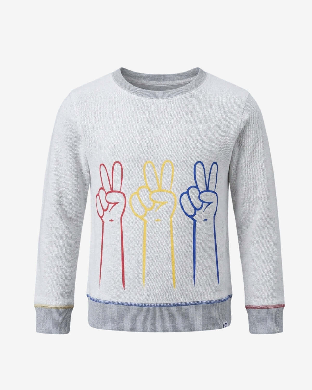 Gray sweatshirt with colorful peace sign designs on a white background