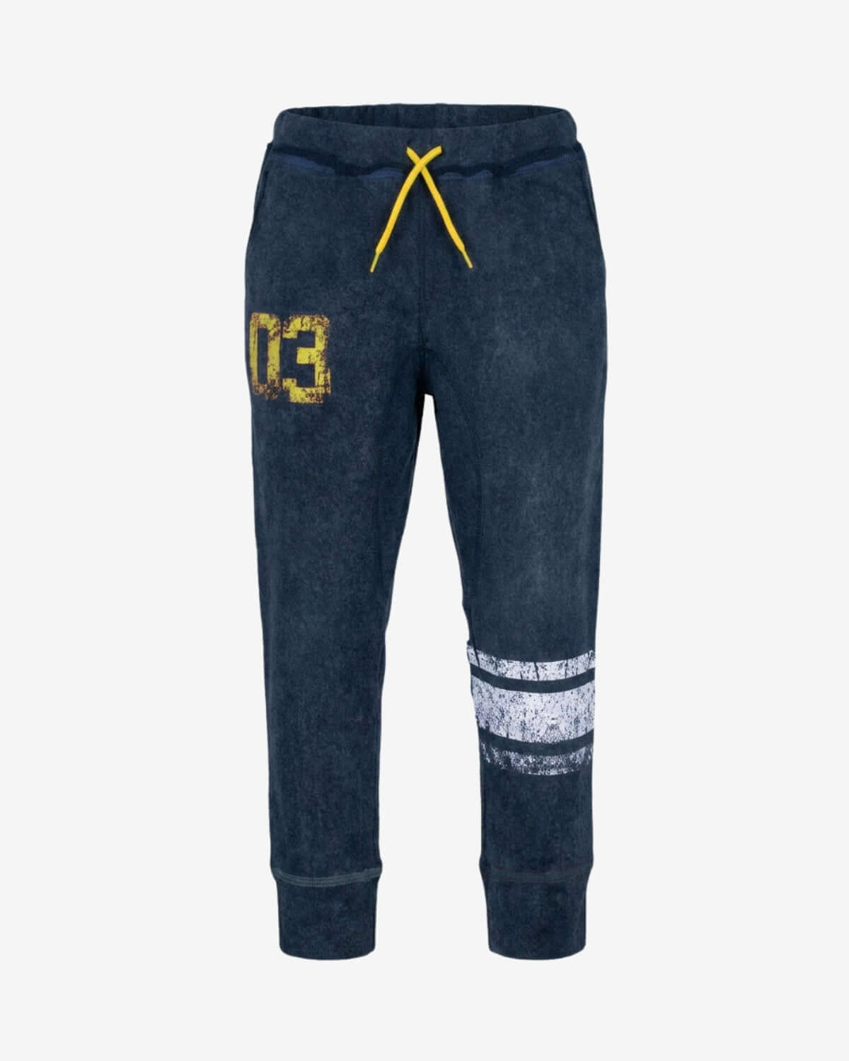 Navy blue jogger pants with yellow drawstring and white pattern on a white background