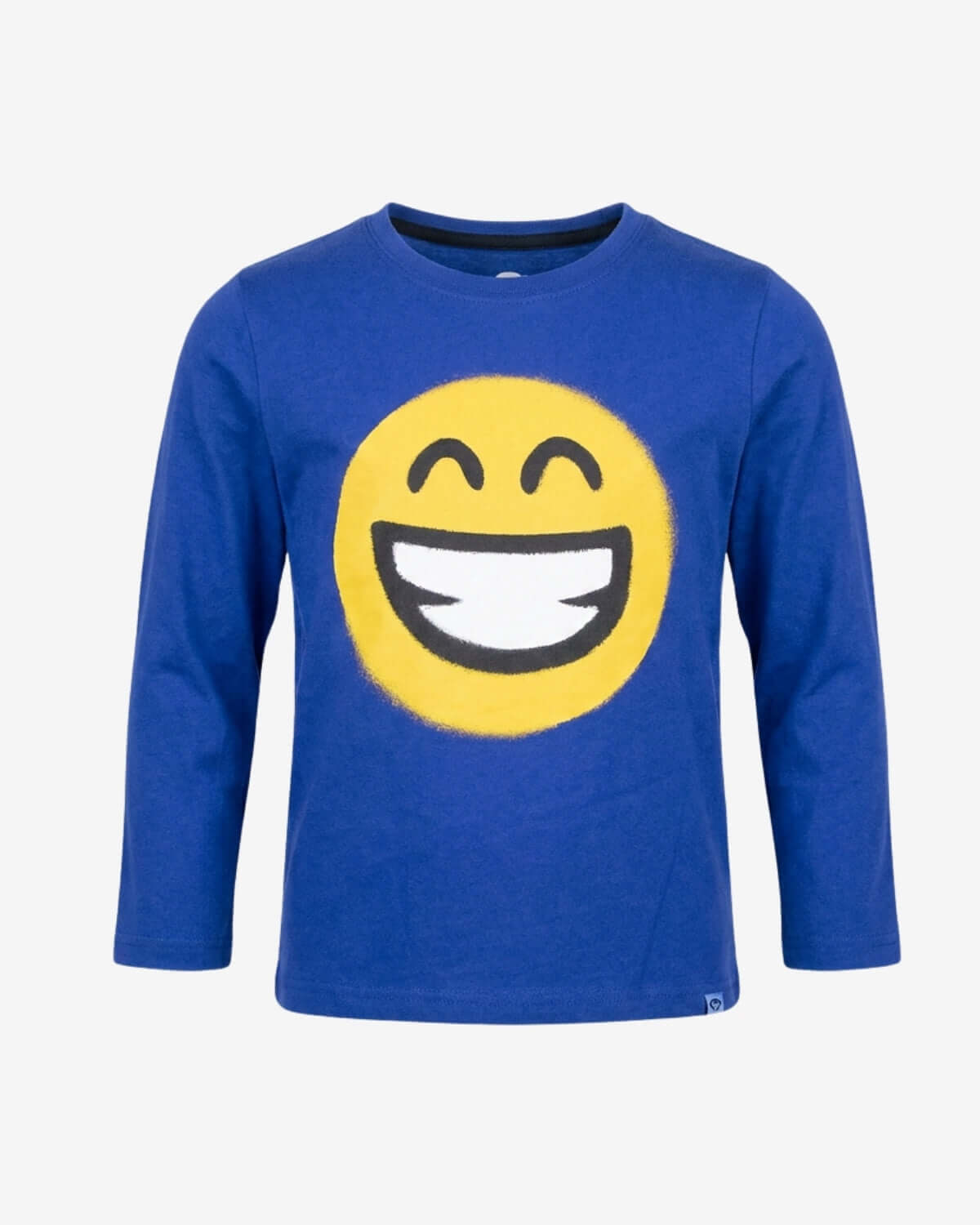 Blue long-sleeve shirt with a yellow smiley face design on a white background