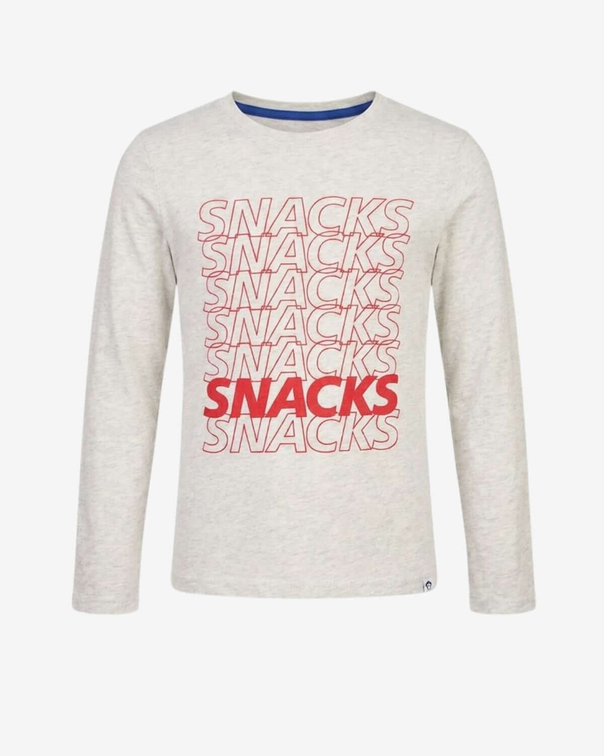 White long-sleeve shirt with 'SNACKS' text in red on a white background