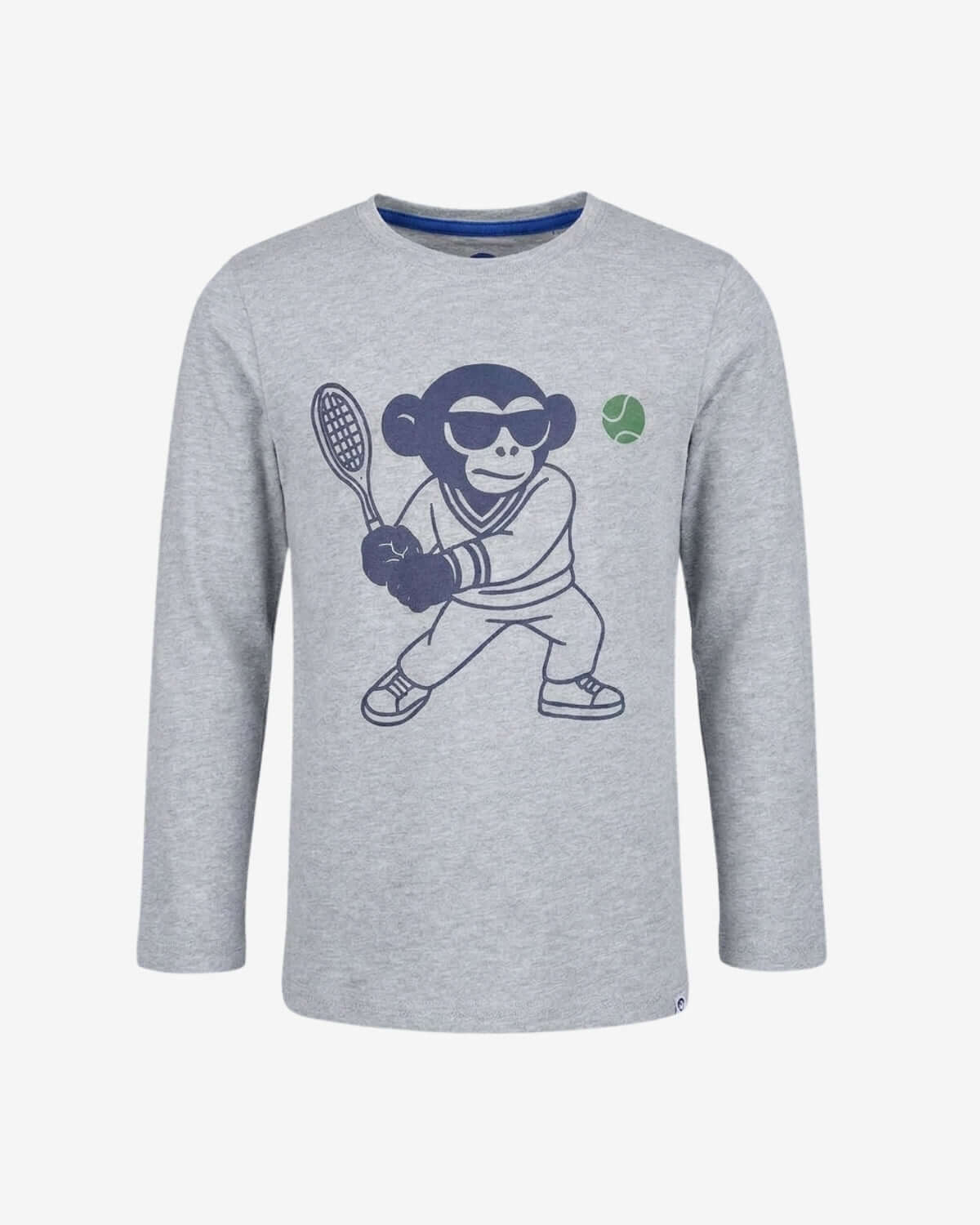 Gray long-sleeve shirt with a monkey graphic holding a tennis racket on a white background