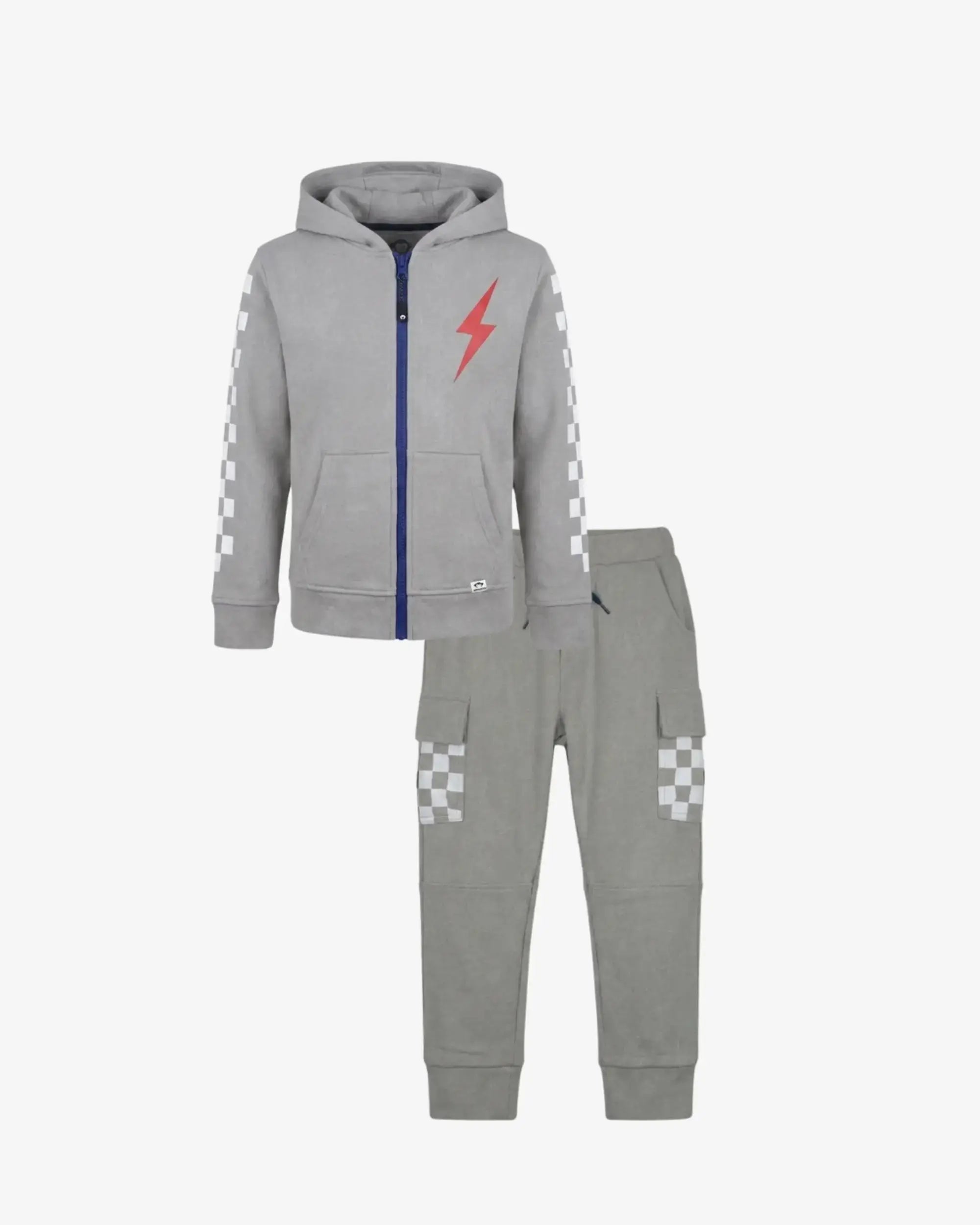 A children's two-piece tracksuit set in heather gray, featuring a zip-up hoodie with a red lightning bolt on the chest, blue zipper trim, and white checkerboard sleeve patterns, paired with matching gray jogger pants with checkerboard cargo pocket details.