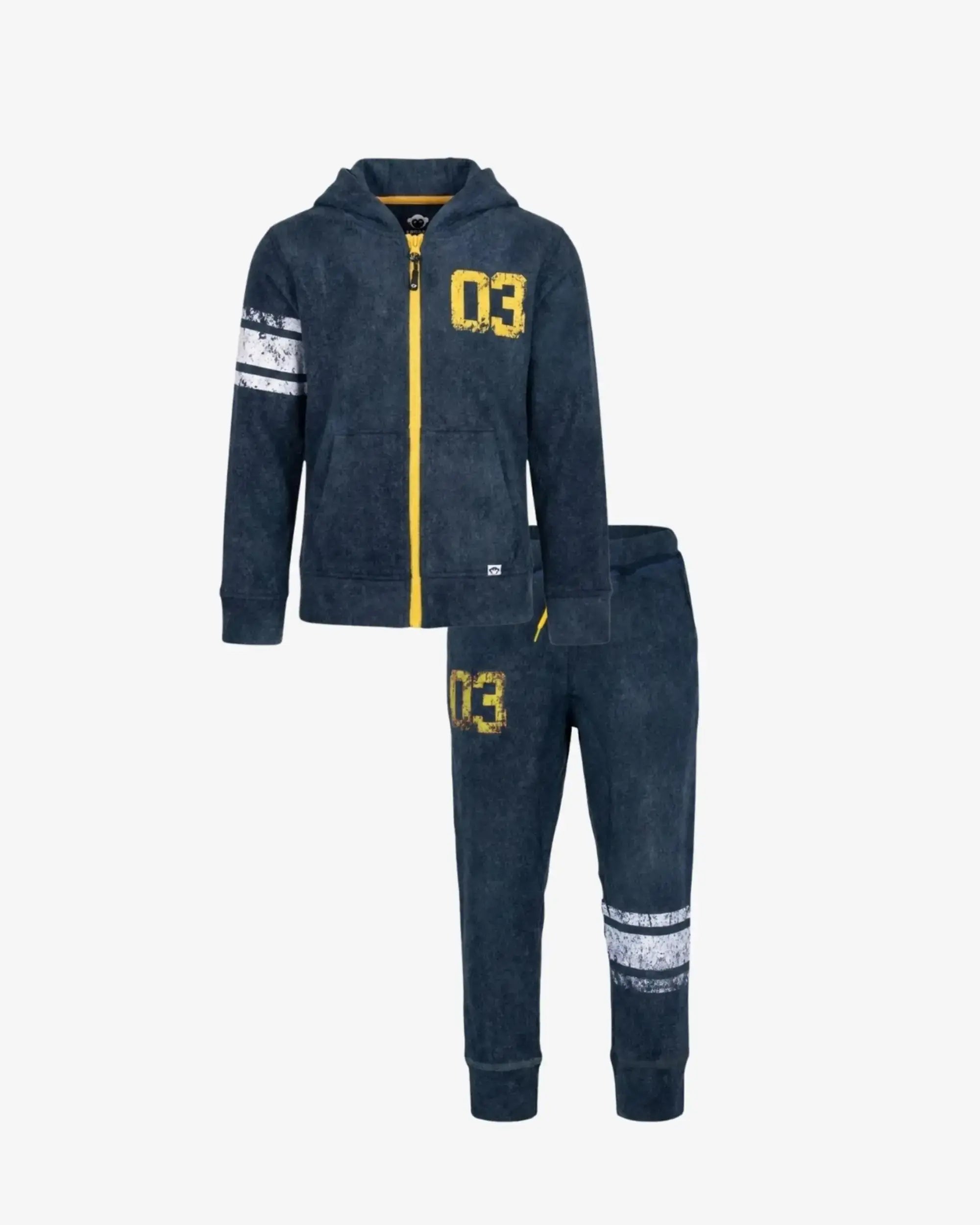 A two-piece kids' tracksuit set in a dark heathered navy blue fabric, featuring a zip-up hoodie with a yellow front zipper, a yellow '03' on the chest, and white distressed stripes on the sleeves, paired with matching jogger pants with a yellow '03' on the thigh and white distressed stripes on the lower legs.