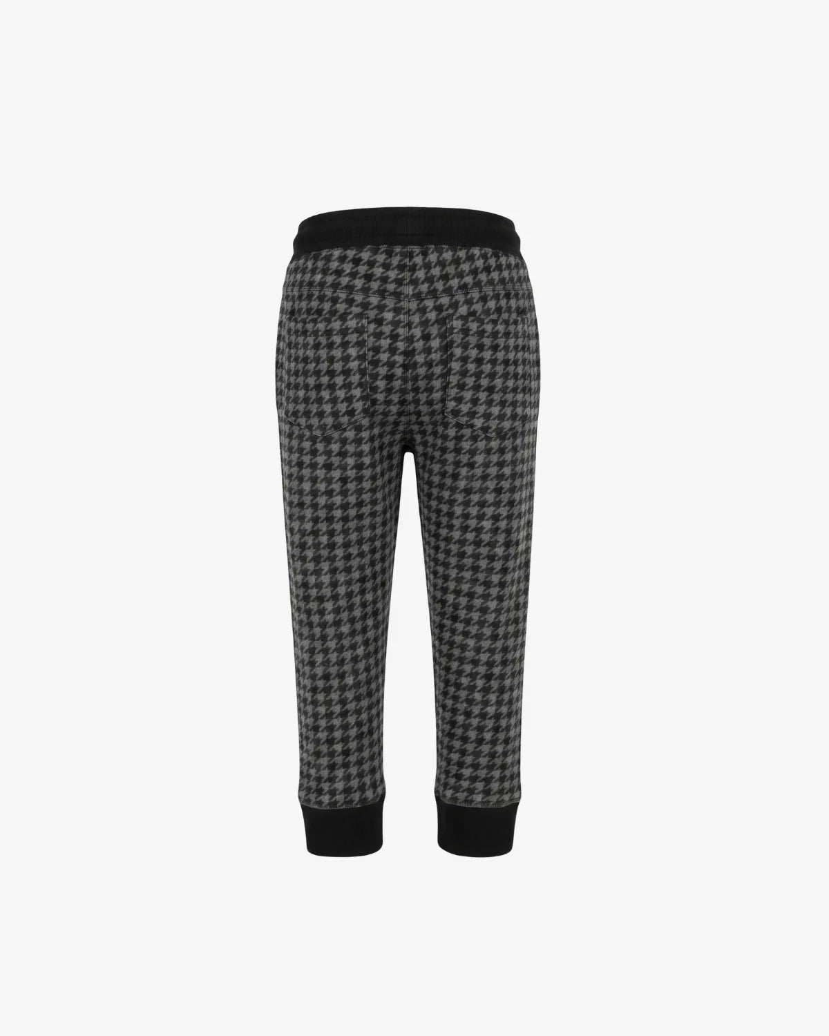 Black and gray houndstooth cropped pants with solid black ribbed waistband and cuffs, shown from the back on a light gray background.