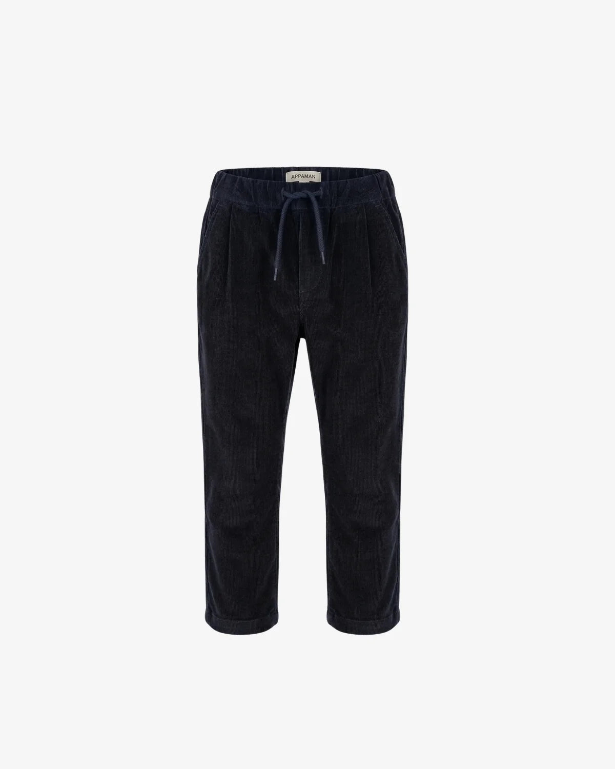 Dark navy corduroy trousers with an elastic waistband and matching drawstring, shown flat on a light gray background.