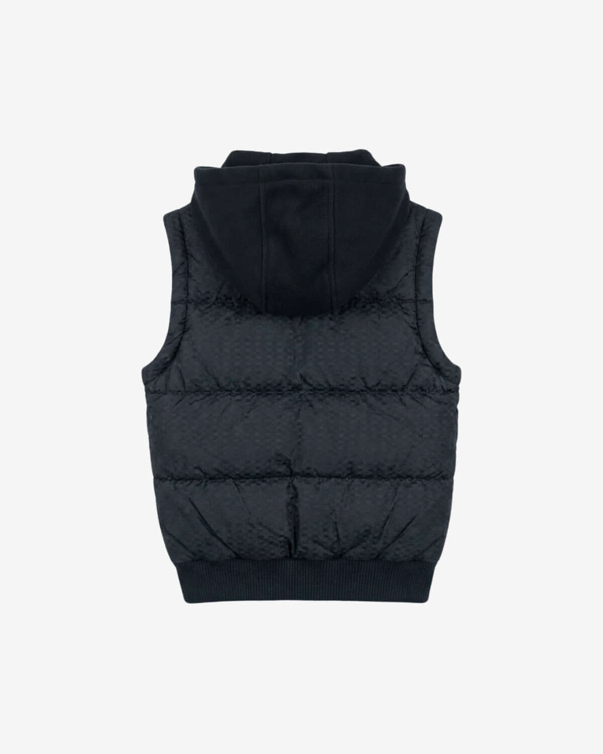 Black puffer vest with a hood on a white background