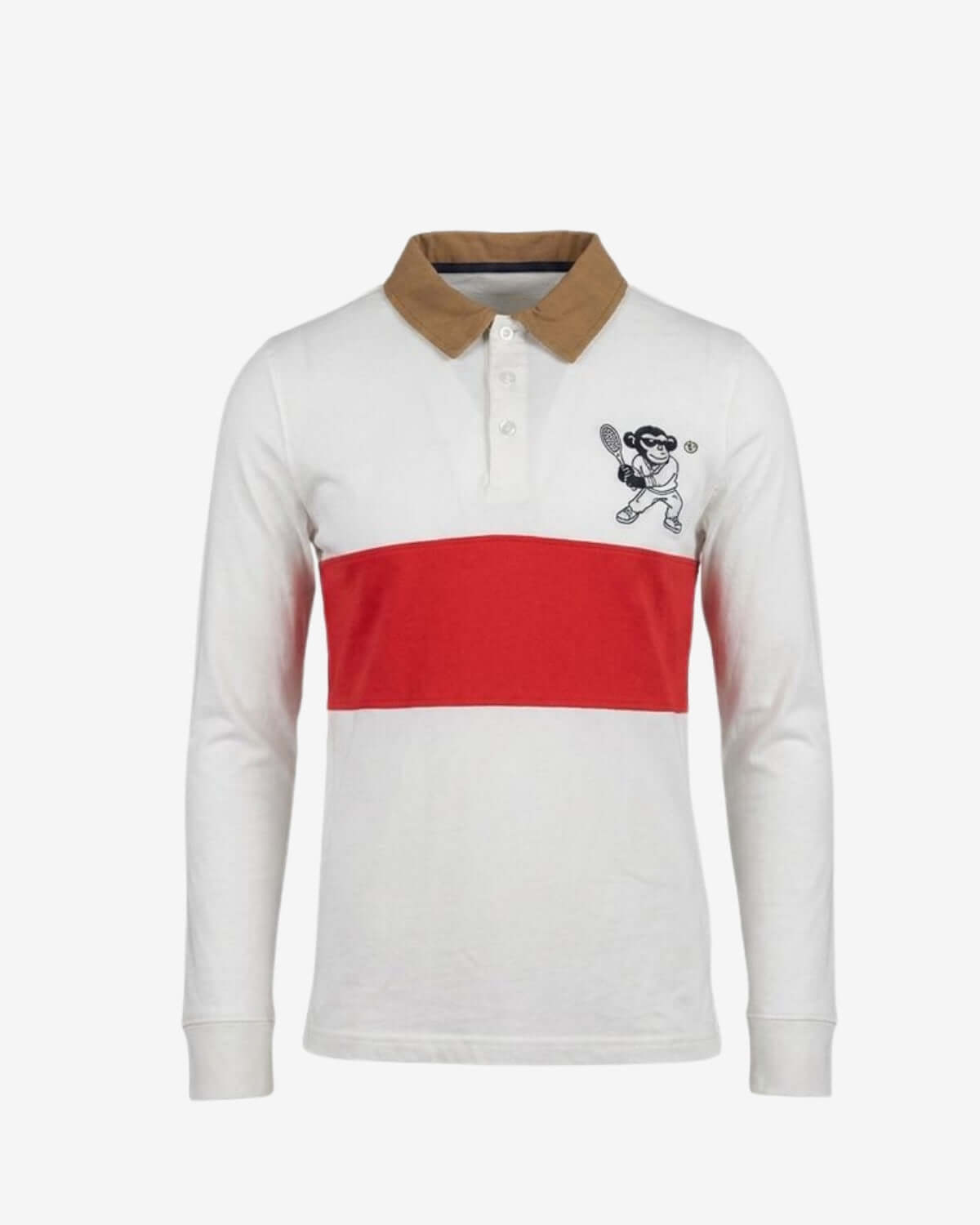 White and red long-sleeve polo shirt with a brown collar on a white background