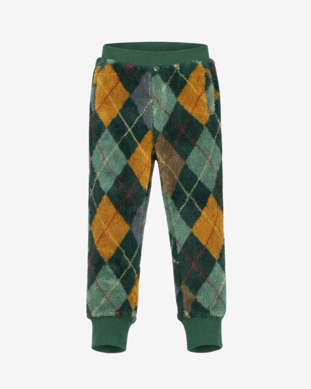 Argyle patterned pants with green trim on a white background