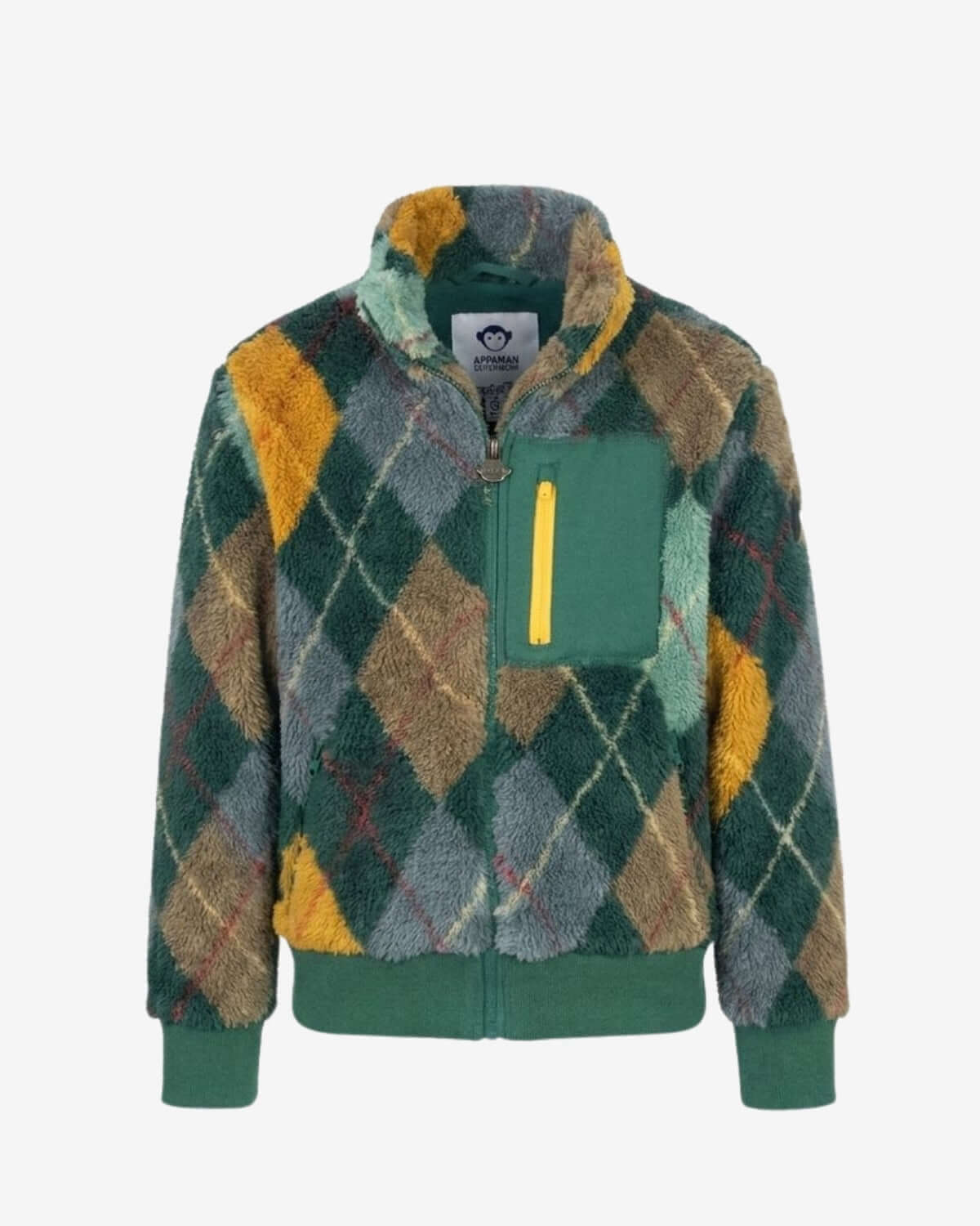 Green and multicolored argyle pattern jacket on a white background