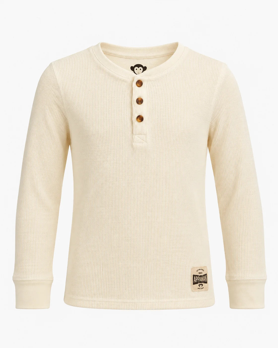 An off-white ribbed long-sleeve henley shirt with three brown buttons, featuring a small monkey logo on the neck and a brand patch on the bottom hem, shown against a plain white background.