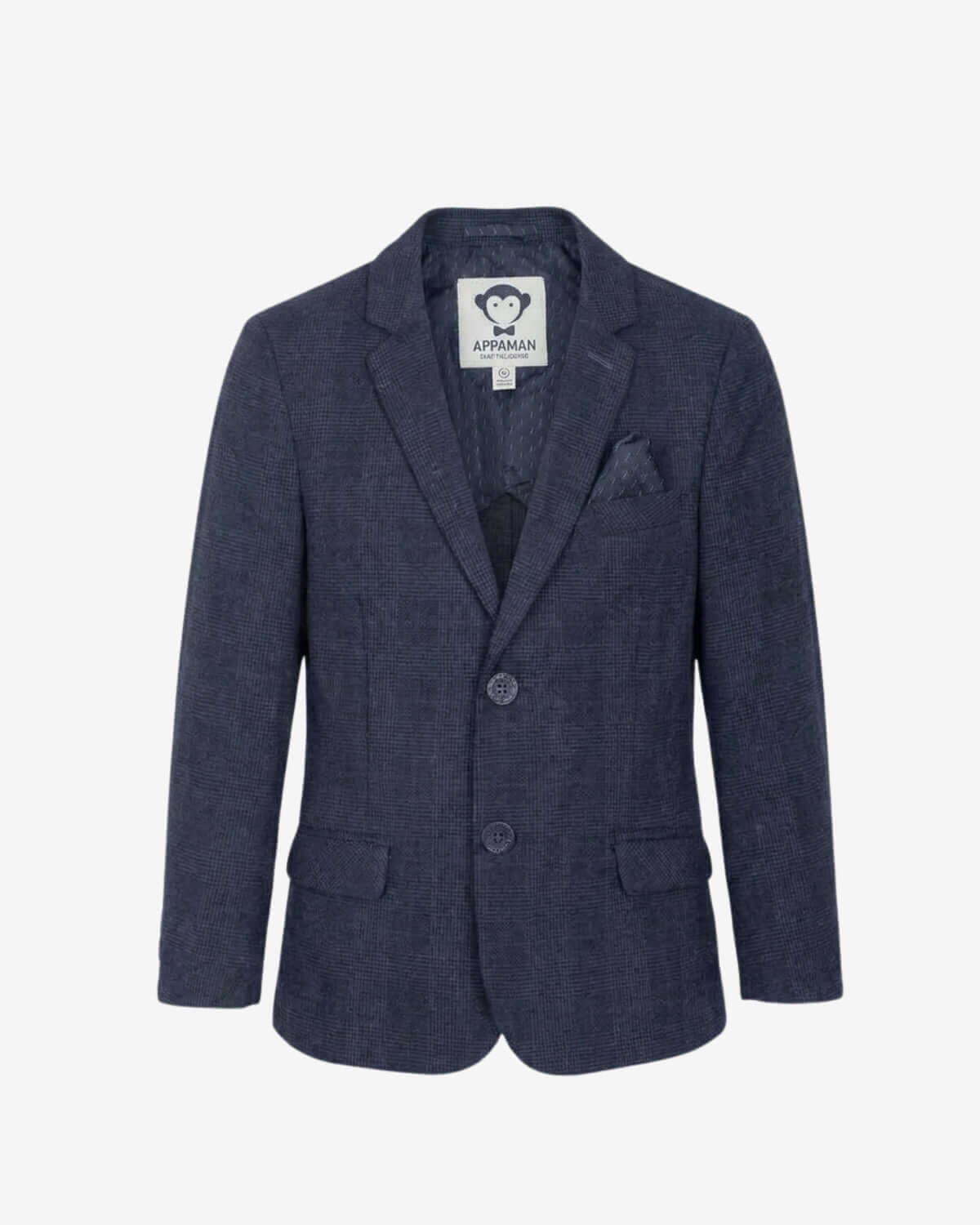 Navy blazer with a brand label on a light gray background