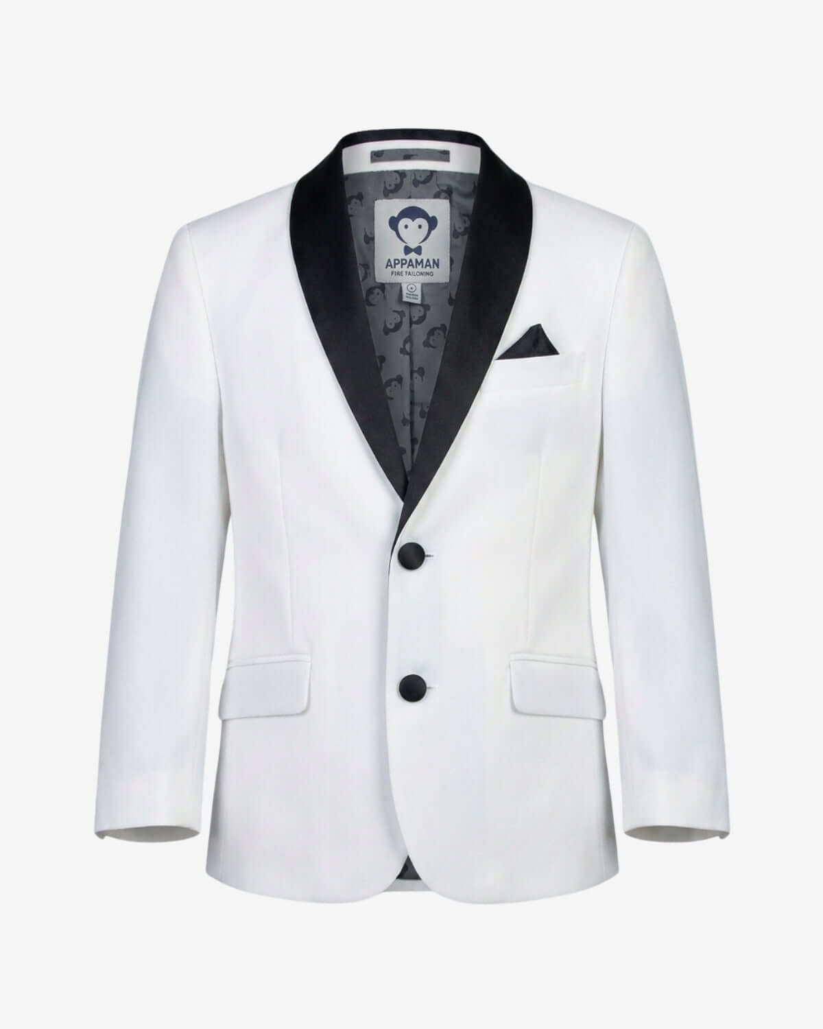 White blazer with black lapels and buttons on a white background