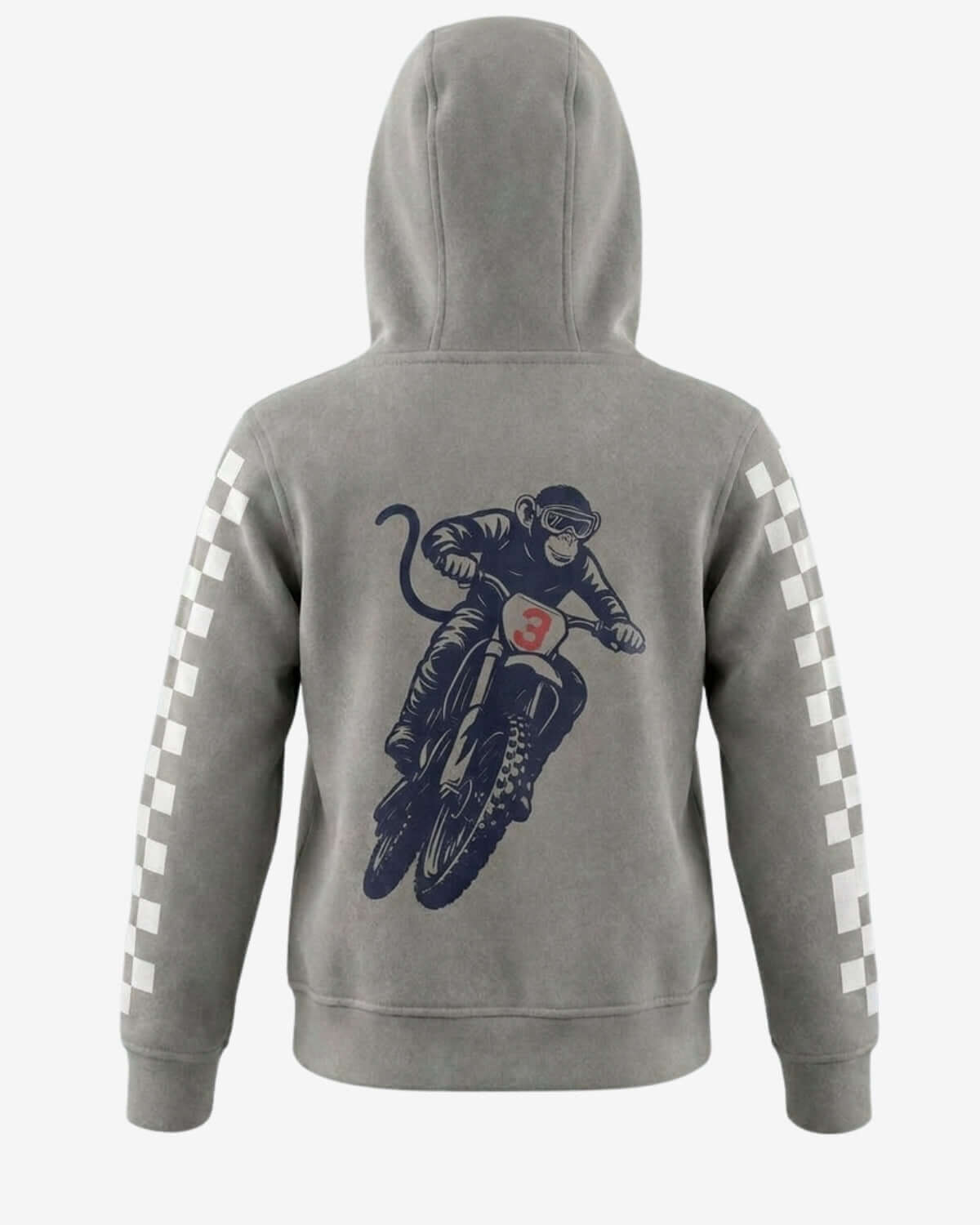 Gray hoodie with a graphic of a monkey on a bike on the back, on a white background
