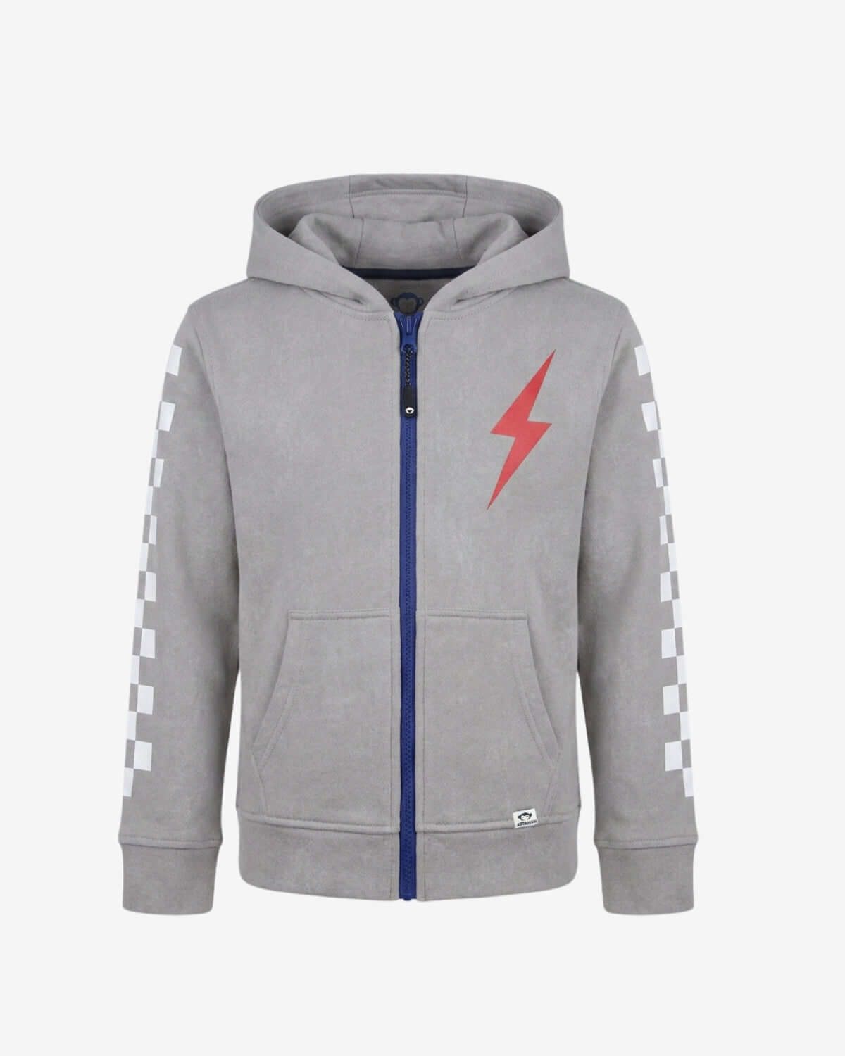 Gray hoodie with red lightning bolt design on a white background