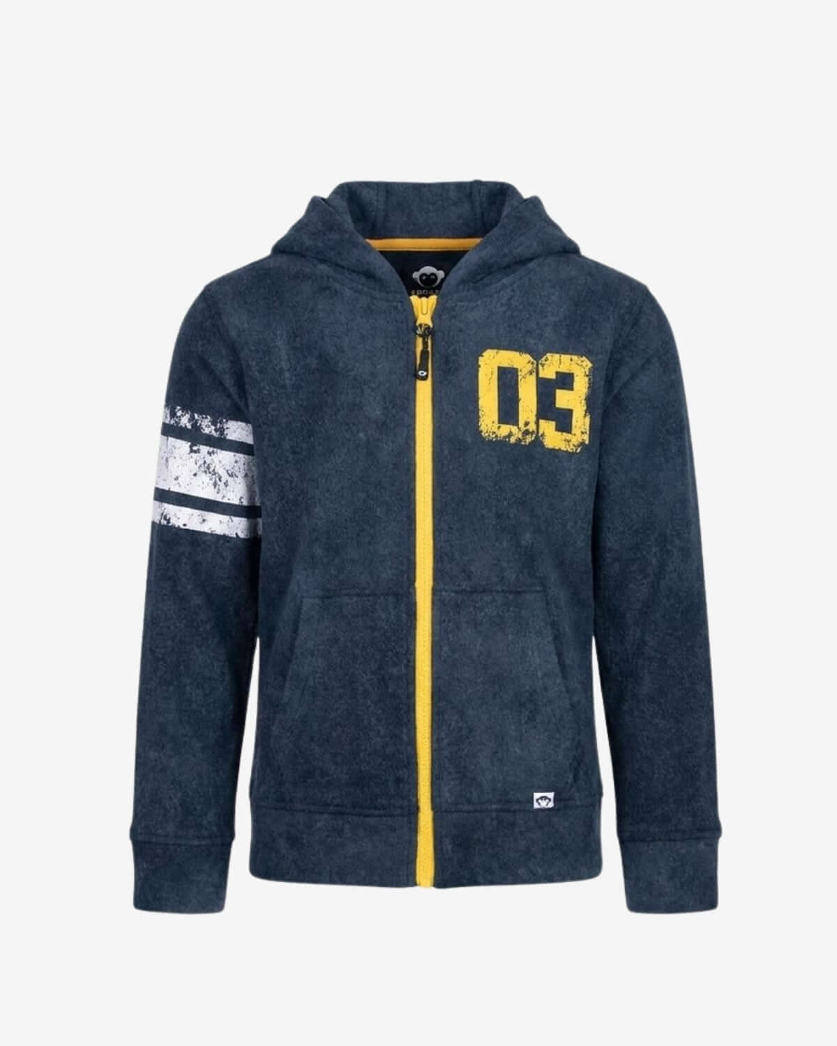 Blue hoodie with yellow accents and number 03 on a white background