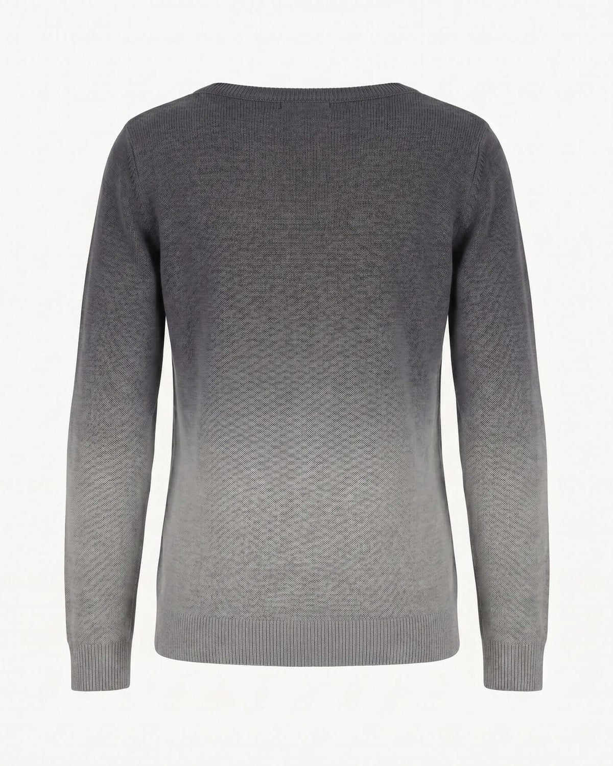 Back view of the Light Grey Ombre Kos Sweater showcasing its gradient design and cozy knit fabric.