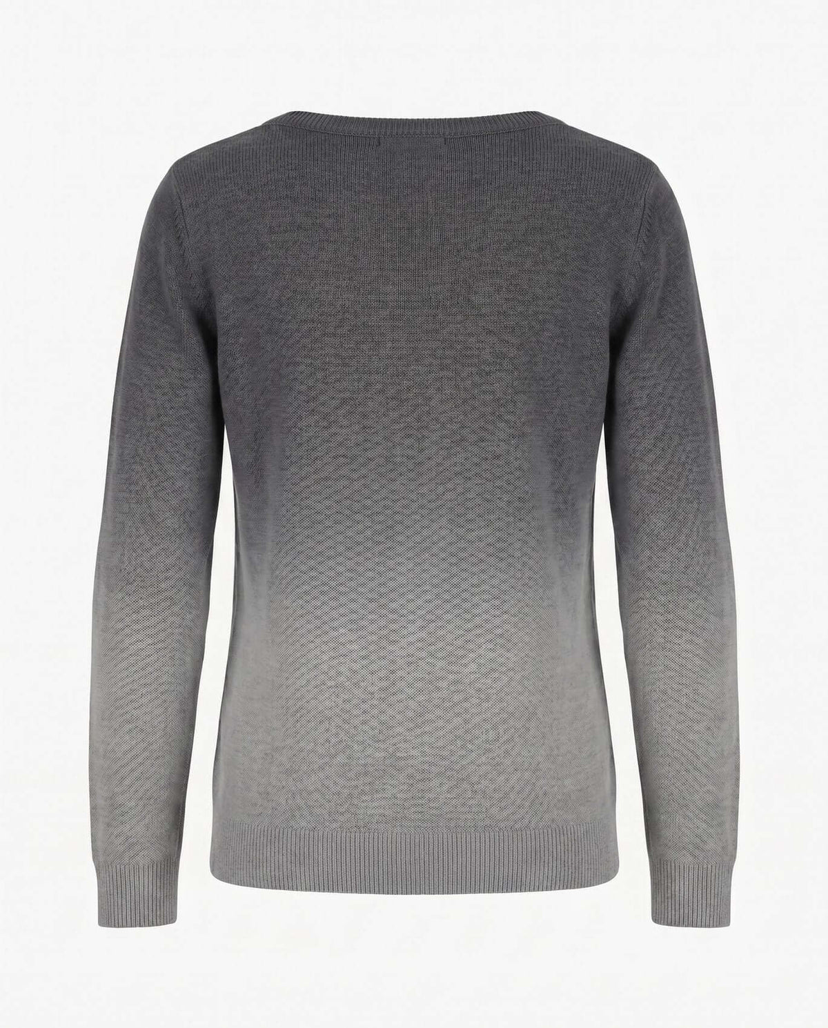 Back view of the Light Grey Ombre Kos Sweater showcasing its gradient design and cozy knit fabric.