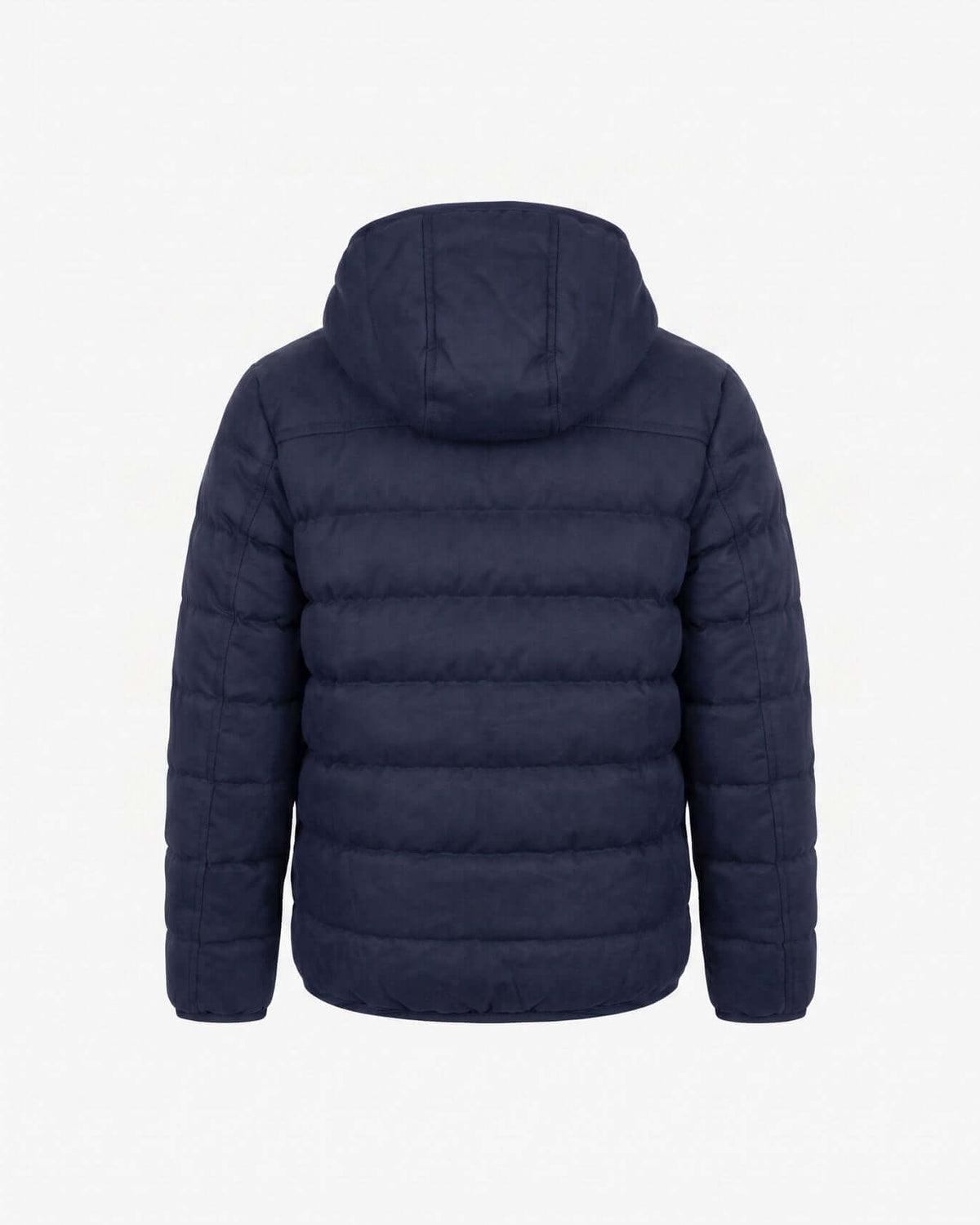 Back view of the Dark Navy Packable Lightweight Puffer jacket with a hood and quilted design.