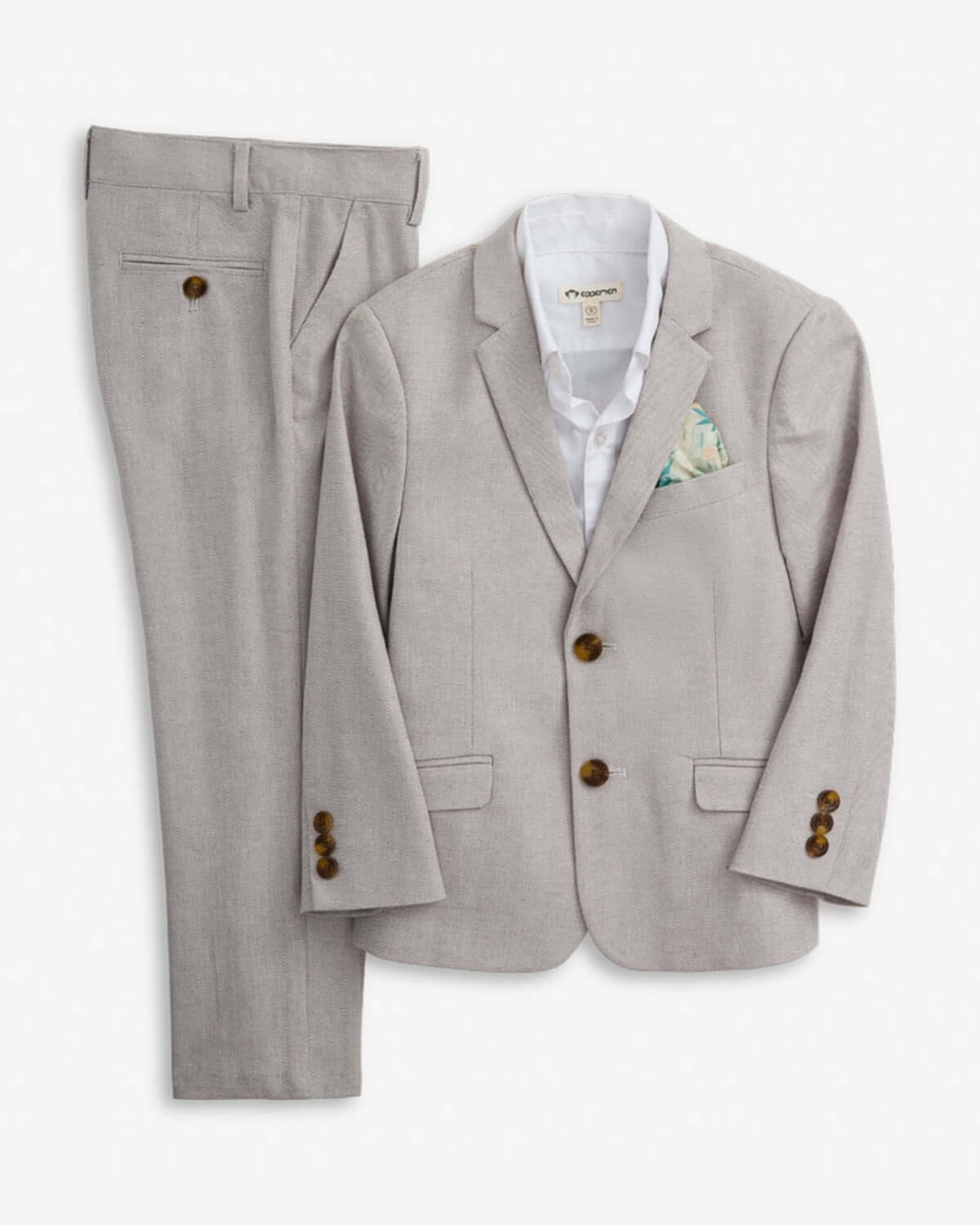 Gray suit with white shirt and green tie on a white background