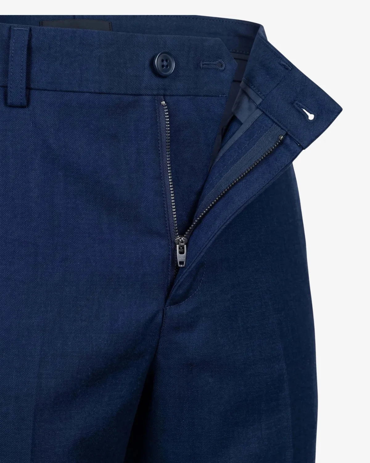 Appaman boys' navy blue tuxedo pants, close-up of zip fly and waistband detail.