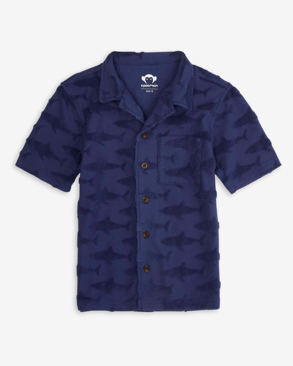 Navy Shark Resort Terry Shirt featuring an all-over shark print, perfect for beach days and casual outings.