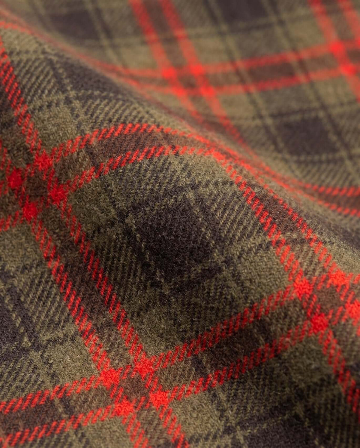 Olive & Red Plaid Glen Hooded Shirt fabric detail showcasing rich olive and red plaid pattern for styling comfort.