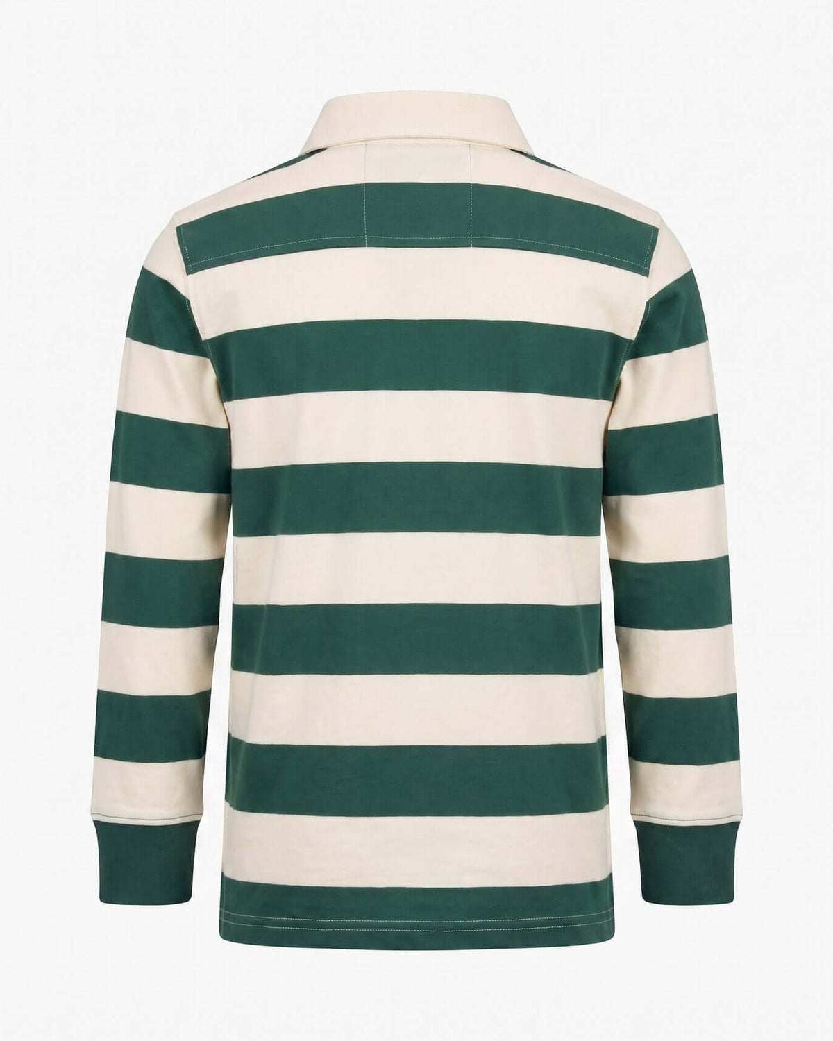 Back view of the Evergreen Stripe Rugby Shirt featuring green and cream stripes and long sleeves.