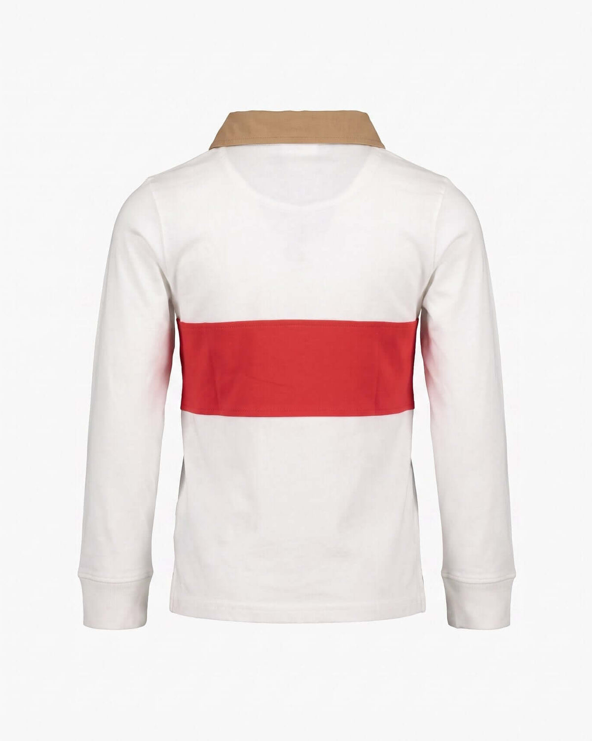 Back view of Off White Rugby Shirt featuring a red stripe and beige collar, perfect for active kids.